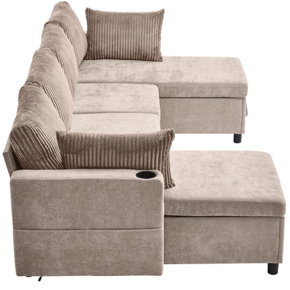 Corduroy Couch with Chaise Sleeper, Sectional Sofa Pull-Out, Brown
