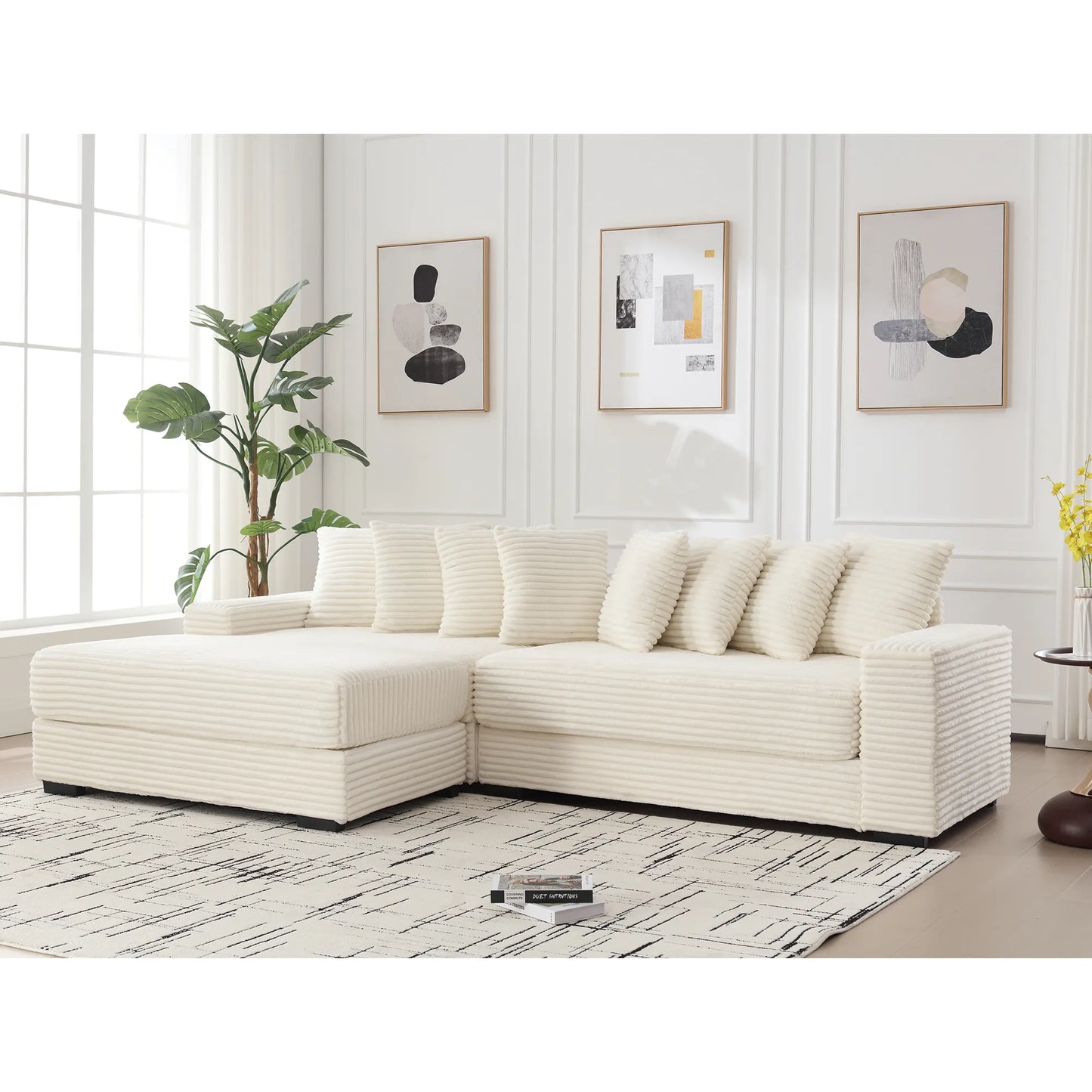 L Shaped Corduroy Couch, Plush Chaise Lounge Sofa, Beige