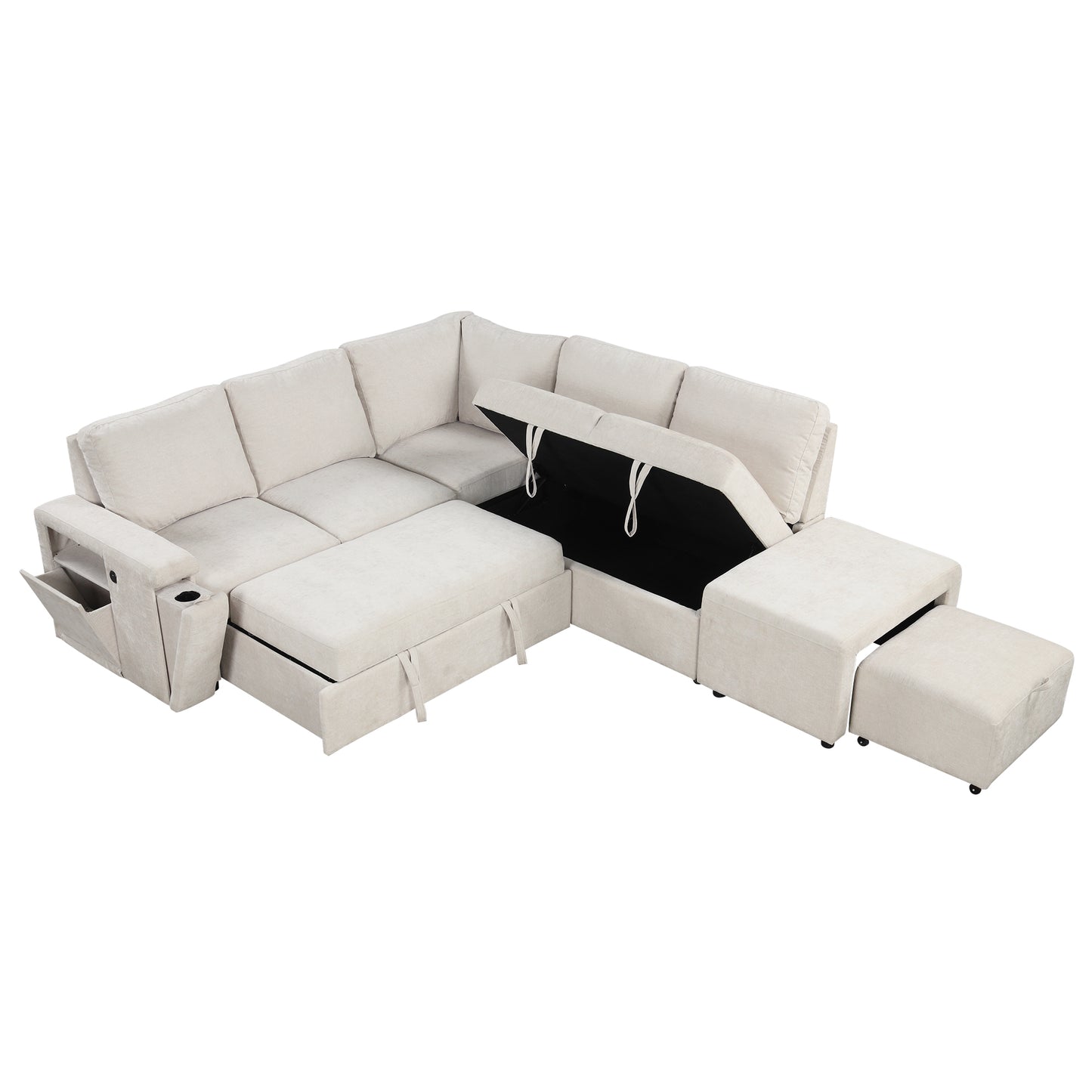 Sleeper Sectional, Sofa L Shape, Couch with Ottoman and Storage, Beige