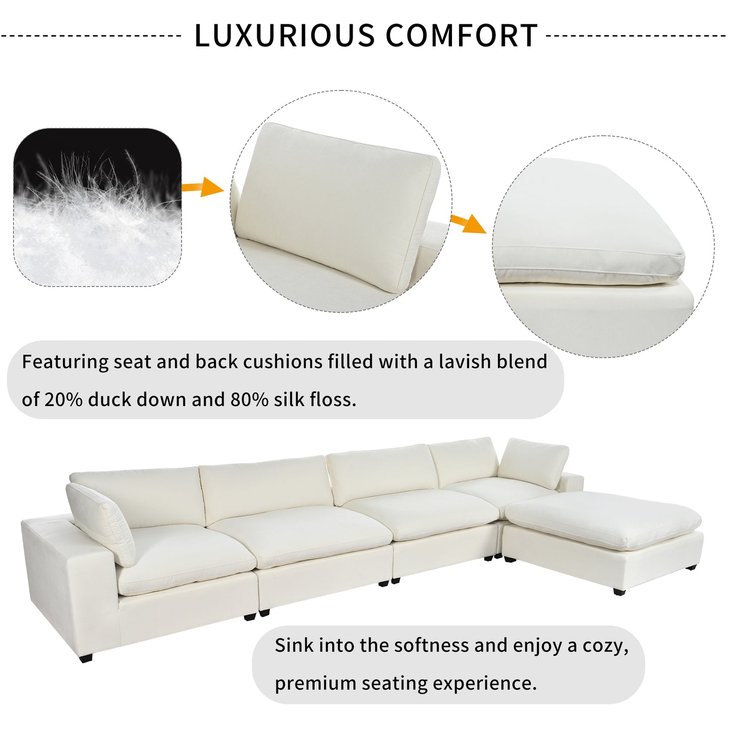 Cloud Couch Sectional, Large Modular Sofa with Ottoman, Beige