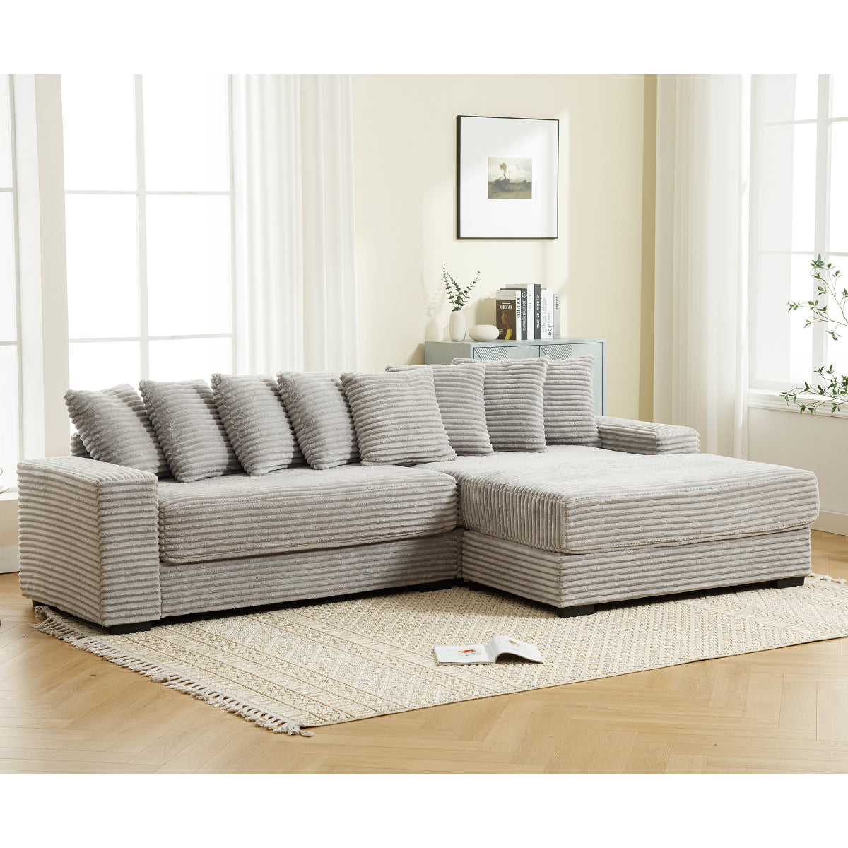 L Shaped Corduroy Couch, Plush Chaise Lounge Sofa, Gray