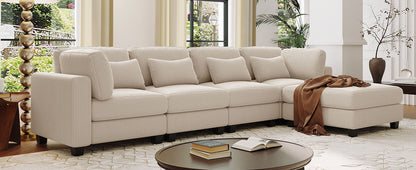 Louie Modular Sectional Sofa, Corduroy Couch with Ottoman - Beige