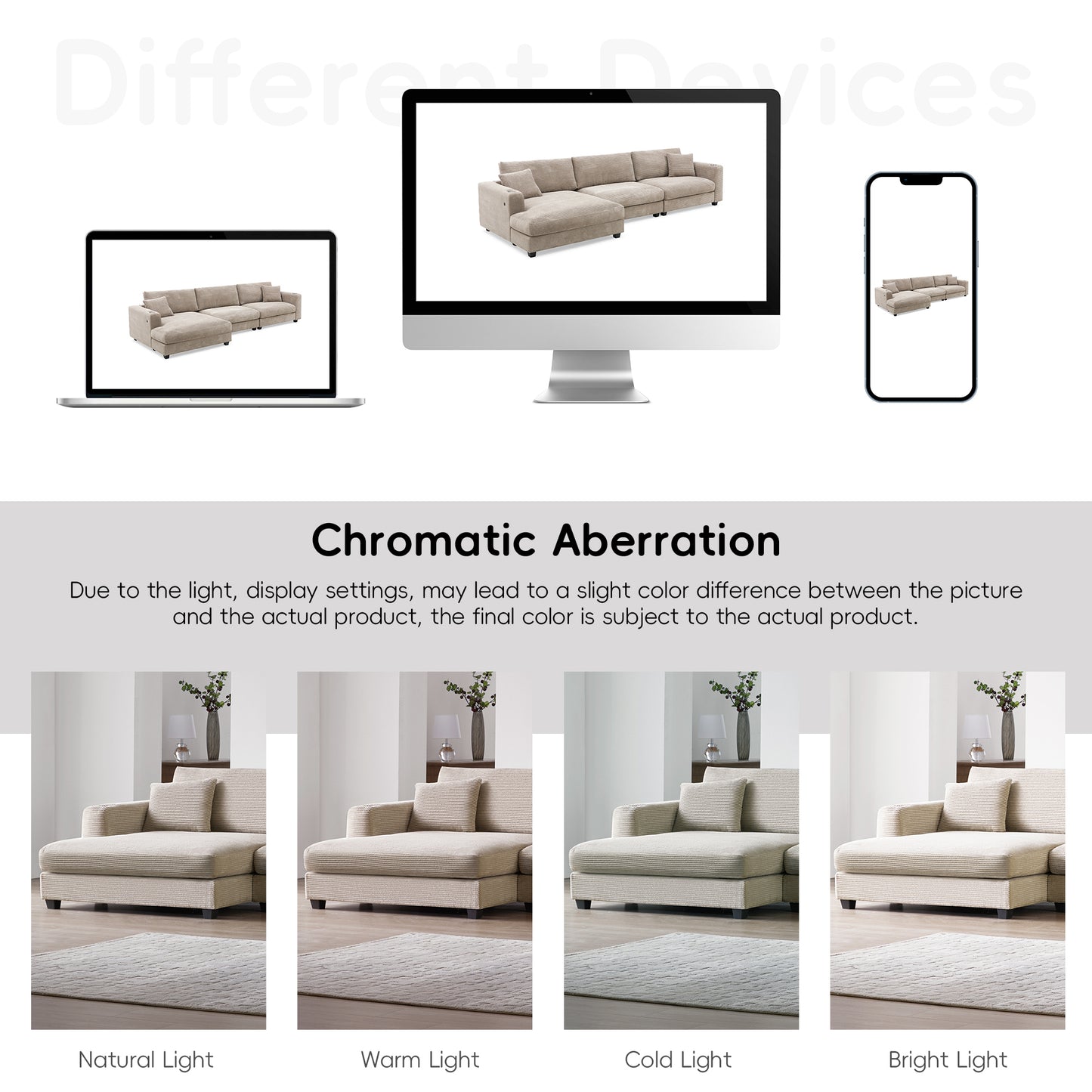 Deep Seat Corduroy Sofa, Large Sectional Couch with Chaise, Khaki