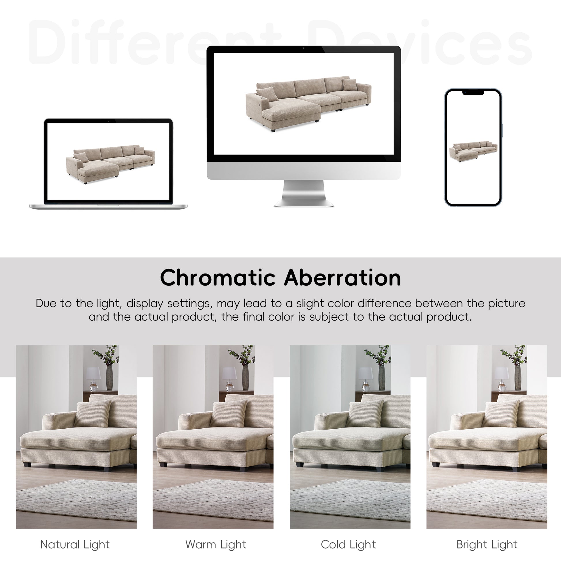 Deep Seat Corduroy Sofa, Large Sectional Couch with Chaise, Khaki