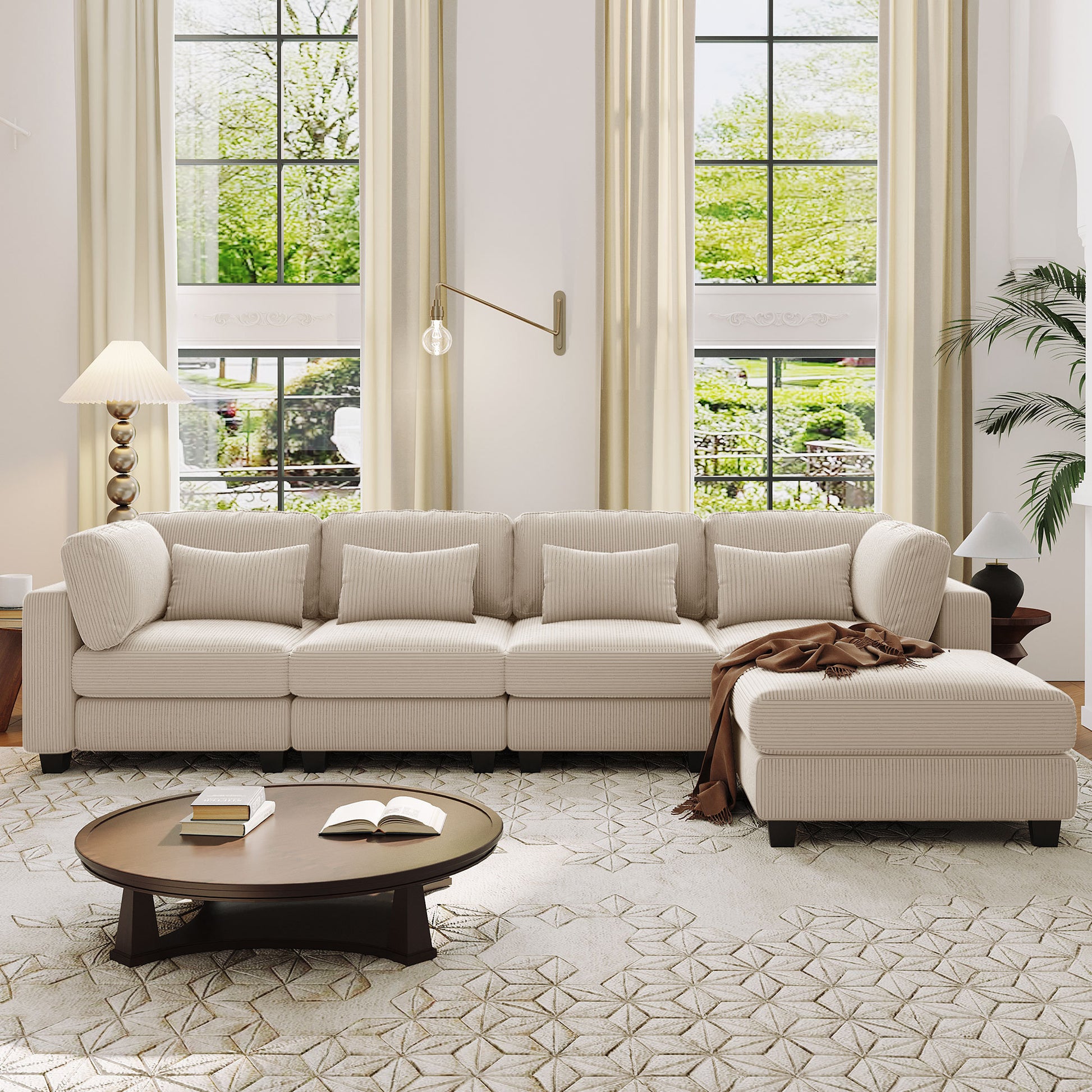 Louie Modular Sectional Sofa, Corduroy Couch with Ottoman - Beige