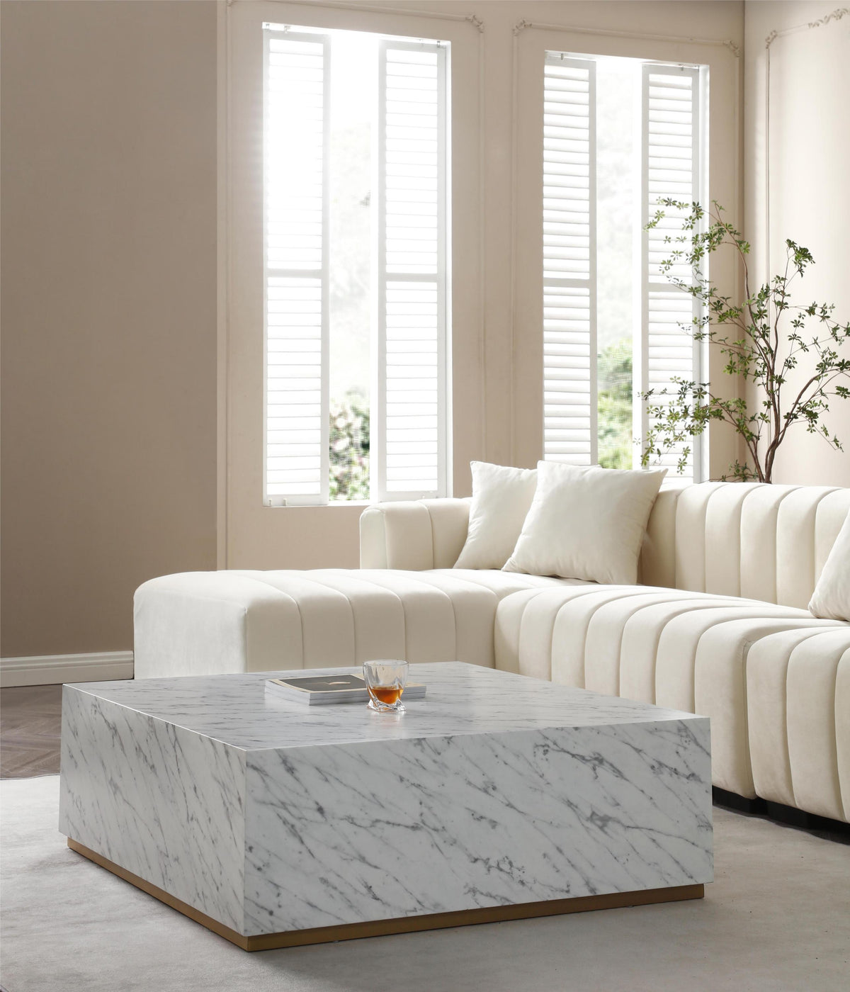Modern Sofa Sectional, Large Velvet Couch with Left Chaise, Beige