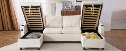 Corduroy Couch with Chaise Sleeper, Sectional Sofa Pull-Out, Beige