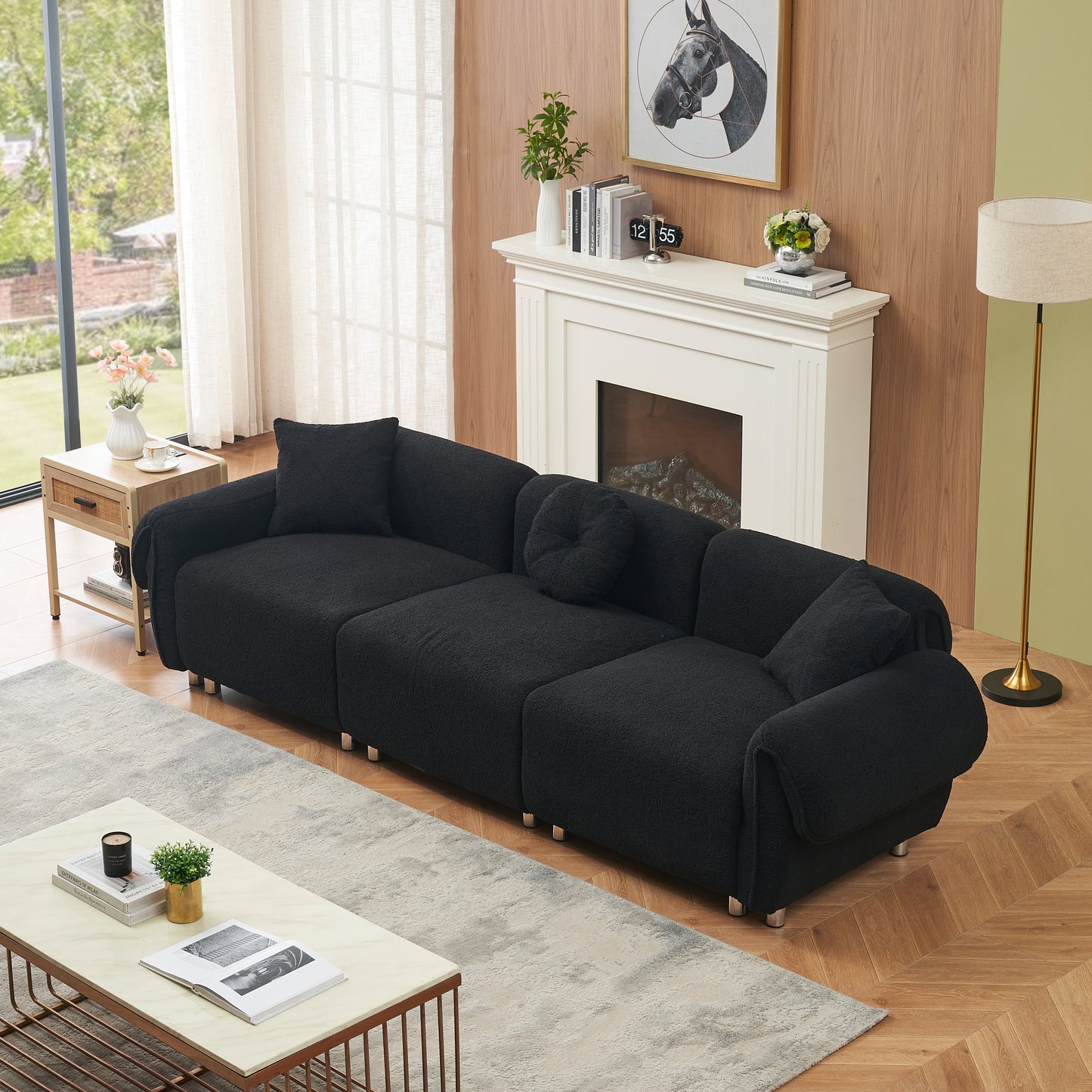 3 Seater Sofa, Plush Upholstered Teddy Velvet Couch, Black