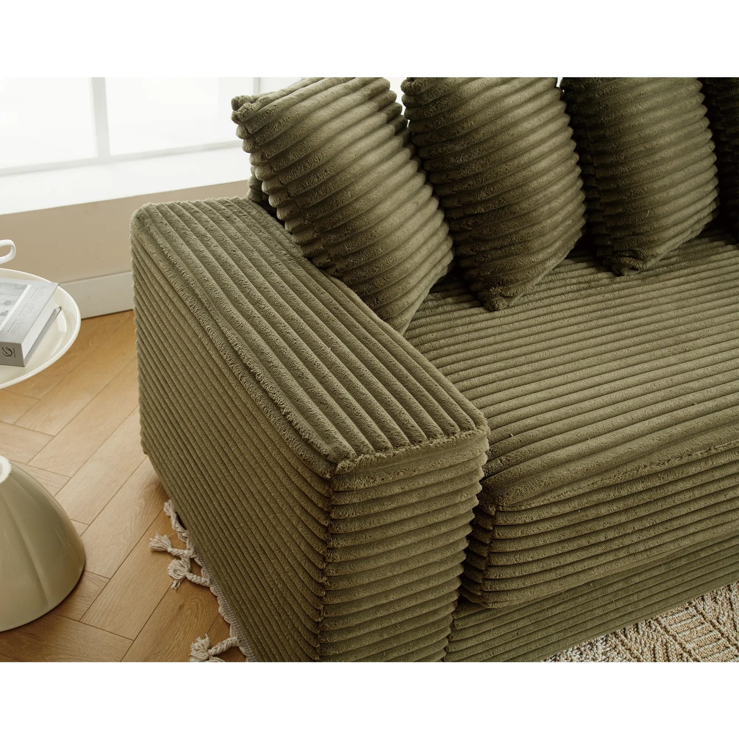 L Shaped Corduroy Couch, Plush Chaise Lounge Sofa, Green