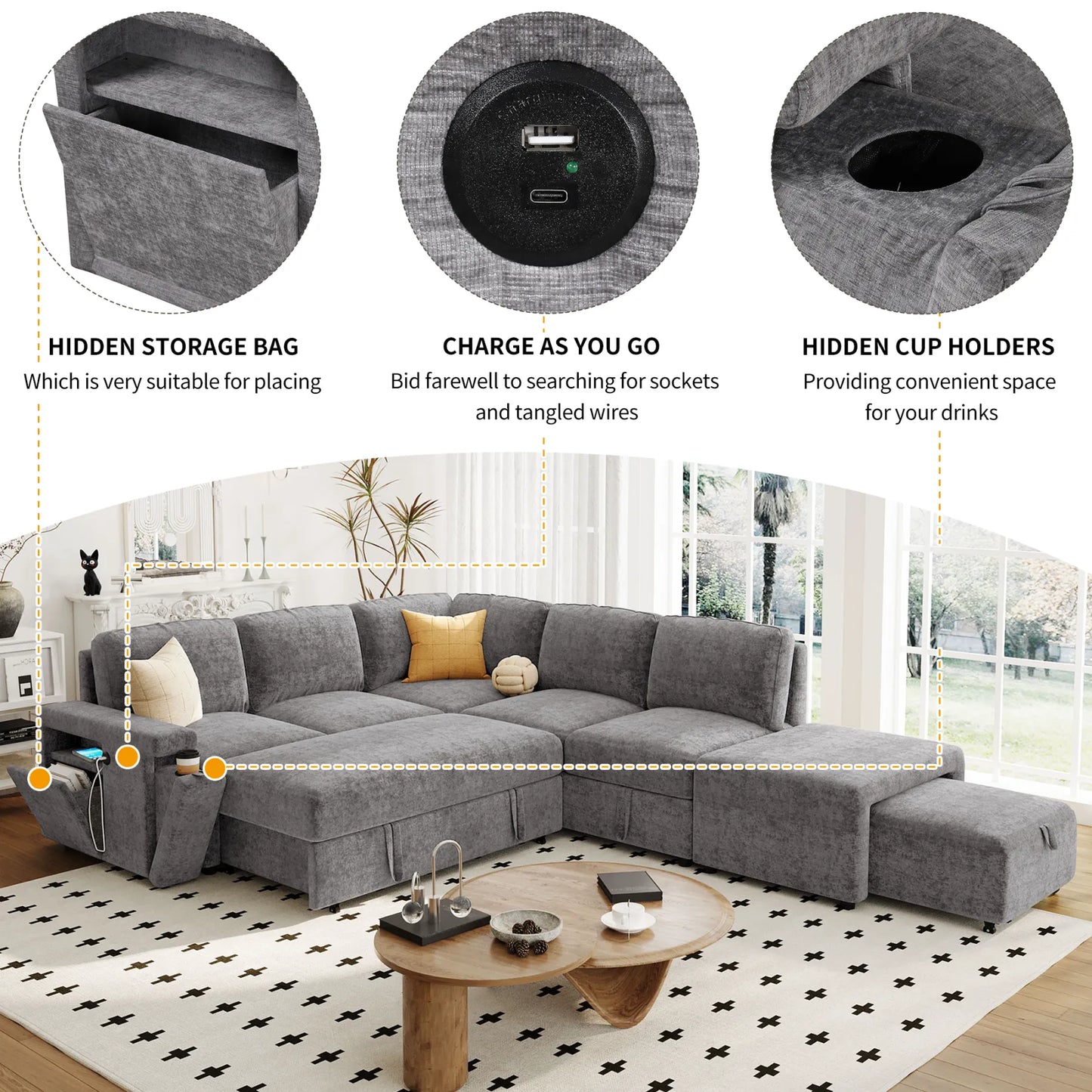 Sleeper Sectional, Sofa L Shape, Couch with Ottoman and Storage, Gray