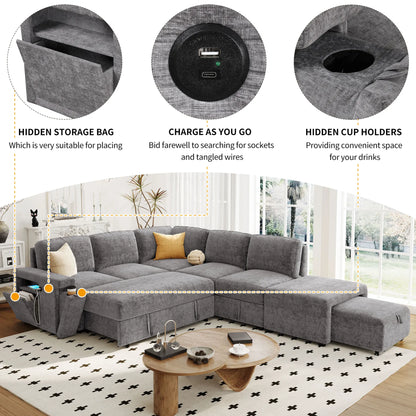 Sleeper Sectional, Sofa L Shape, Couch with Ottoman and Storage, Gray