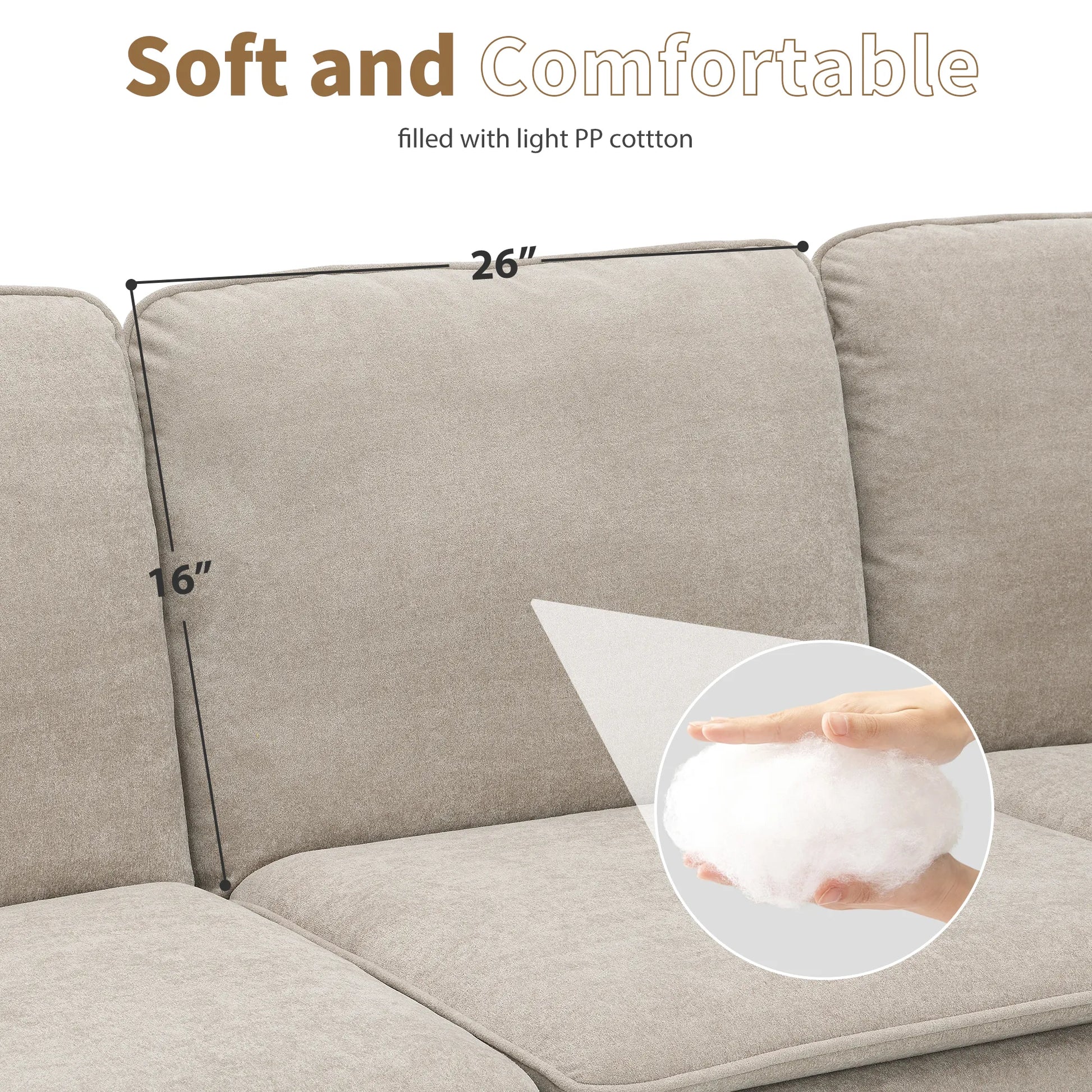 Corner Sectional Sofa, L-Shaped Comfy Couch, Khaki