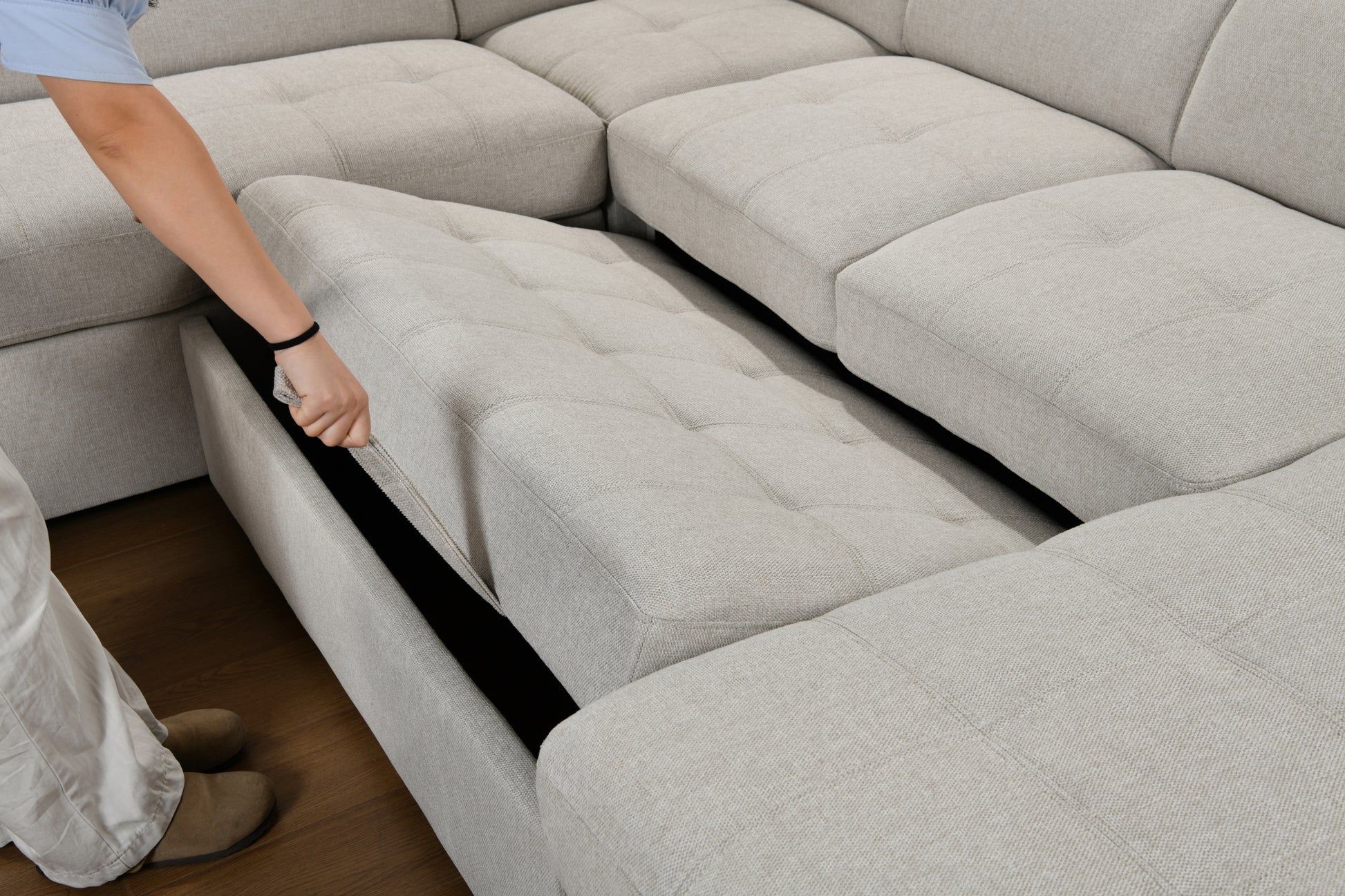 U Shaped 7-seat Sectional with Sofa Bed and Storage Chaise for Living Room - Beige, Gray
