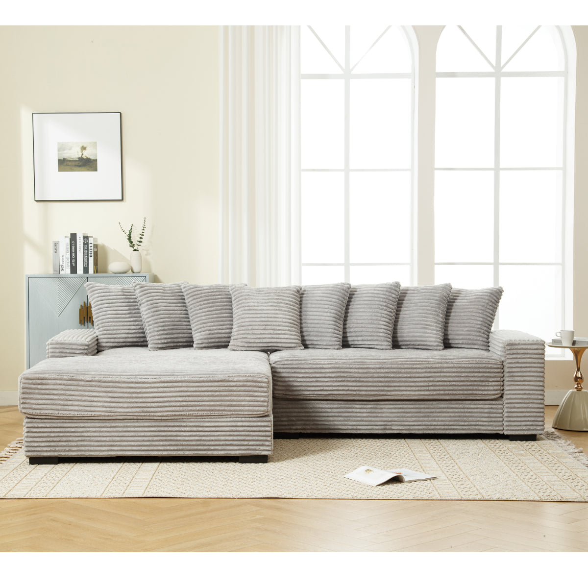 L Shaped Corduroy Couch, Plush Chaise Lounge Sofa, Gray