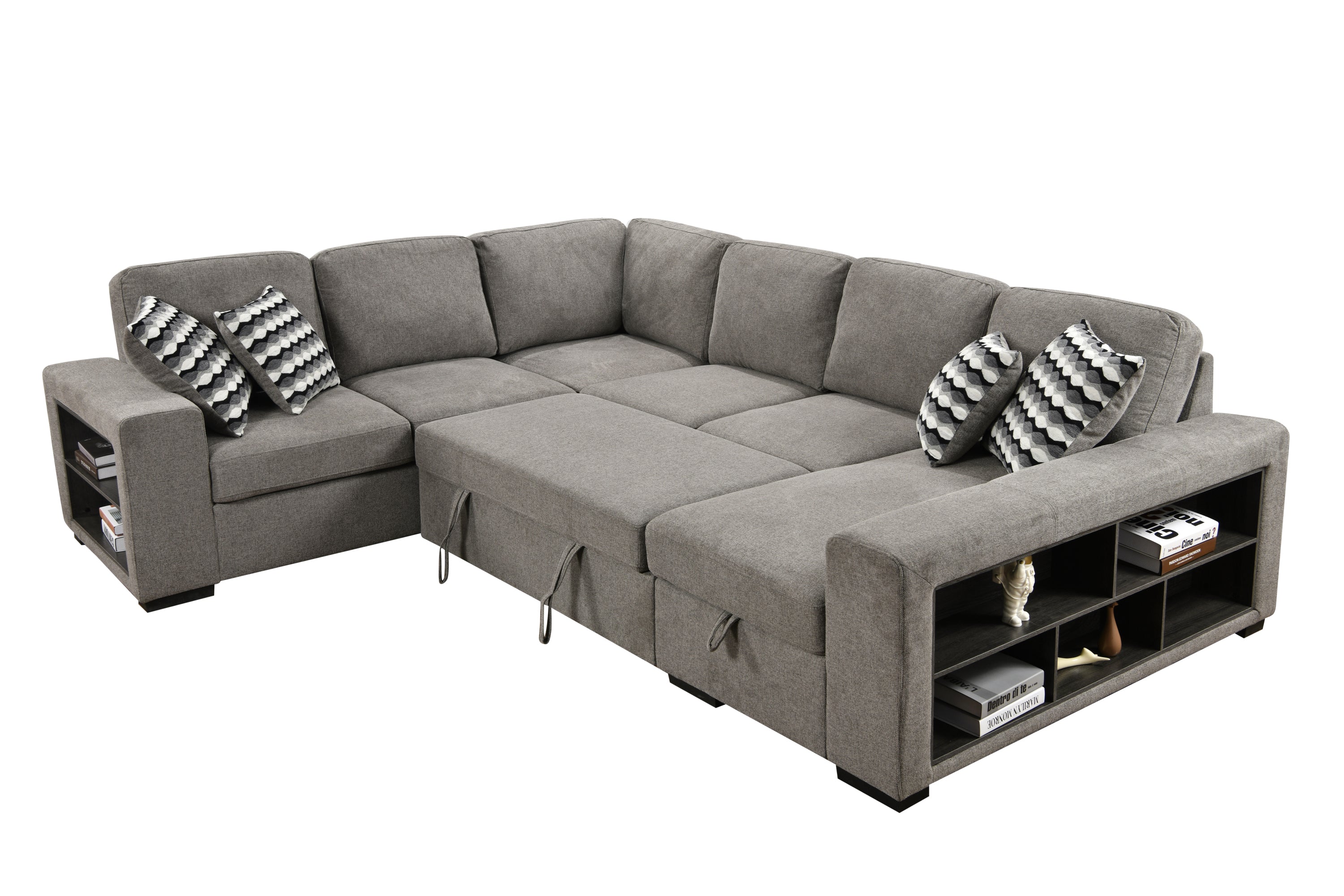 U Shaped Sectional, Sleeper Sofa with Chaise and Storage, Gray