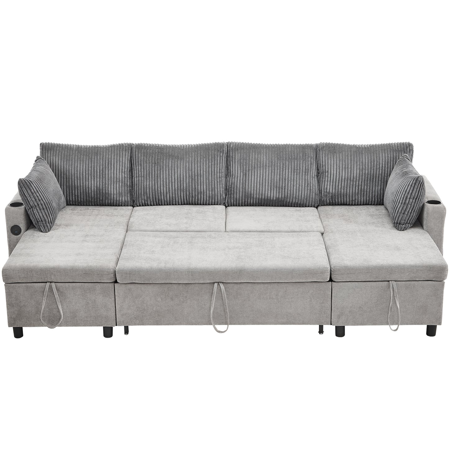 Corduroy Couch with Chaise Sleeper, Sectional Sofa Pull-Out, Grey
