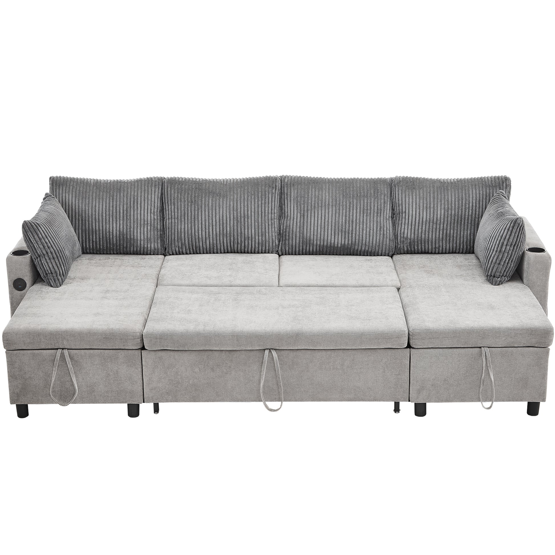 Corduroy Couch with Chaise Sleeper, Sectional Sofa Pull-Out, Grey