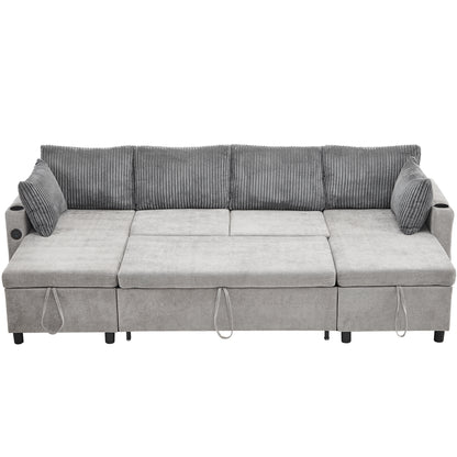 Corduroy Couch with Chaise Sleeper, Sectional Sofa Pull-Out, Grey