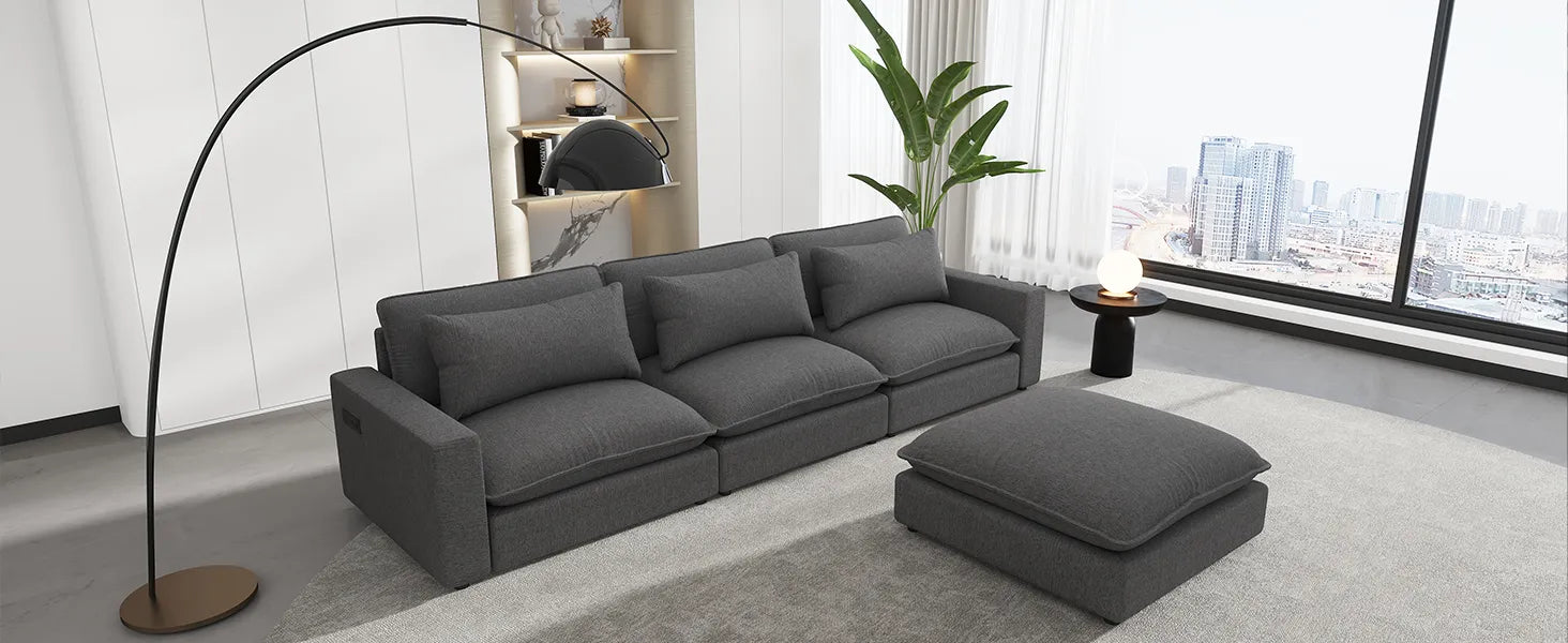 Comfy Sectional Cloud Couch, Chenille Sofa with Ottoman, Grey