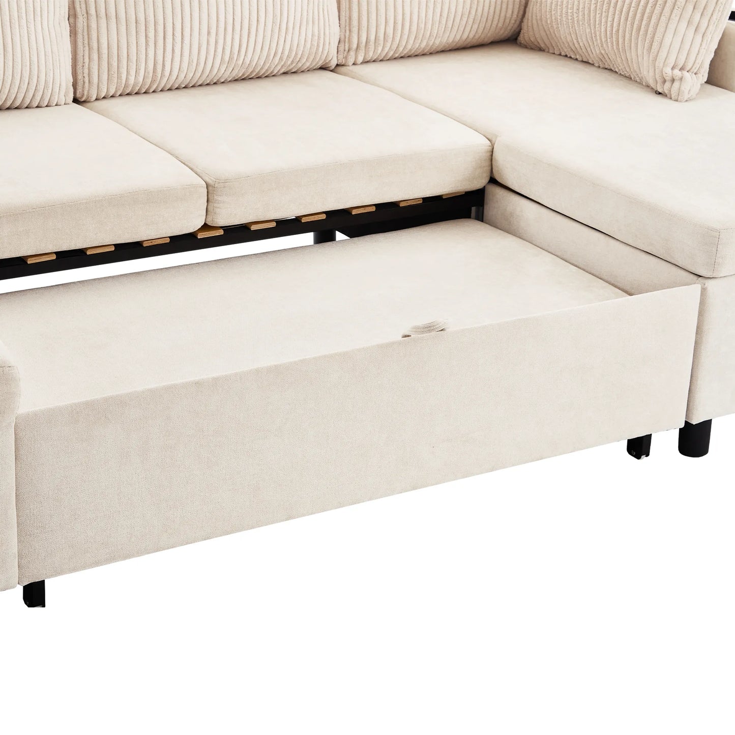 Corduroy Couch with Chaise Sleeper, Sectional Sofa Pull-Out, Beige