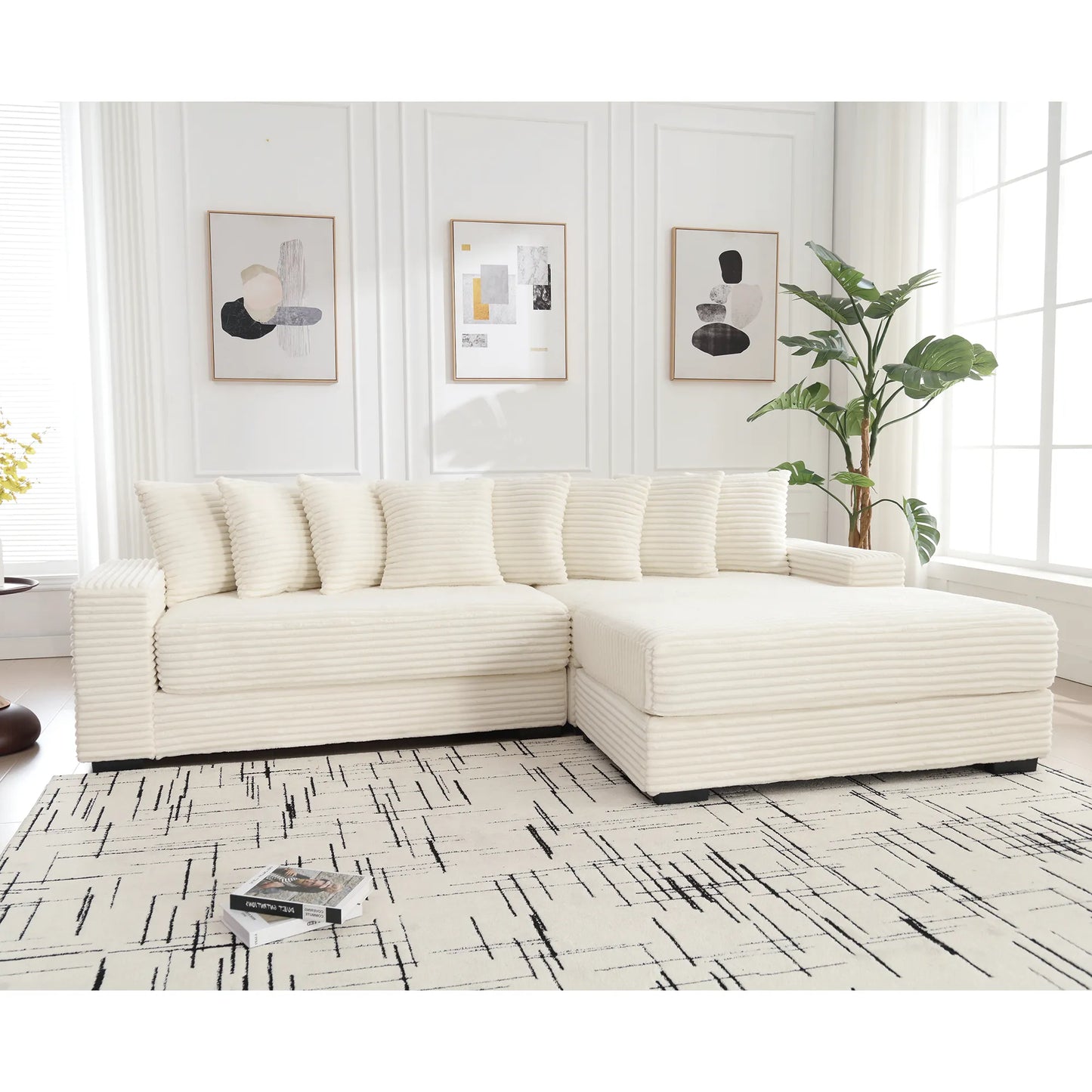 L Shaped Corduroy Couch, Plush Chaise Lounge Sofa, Beige