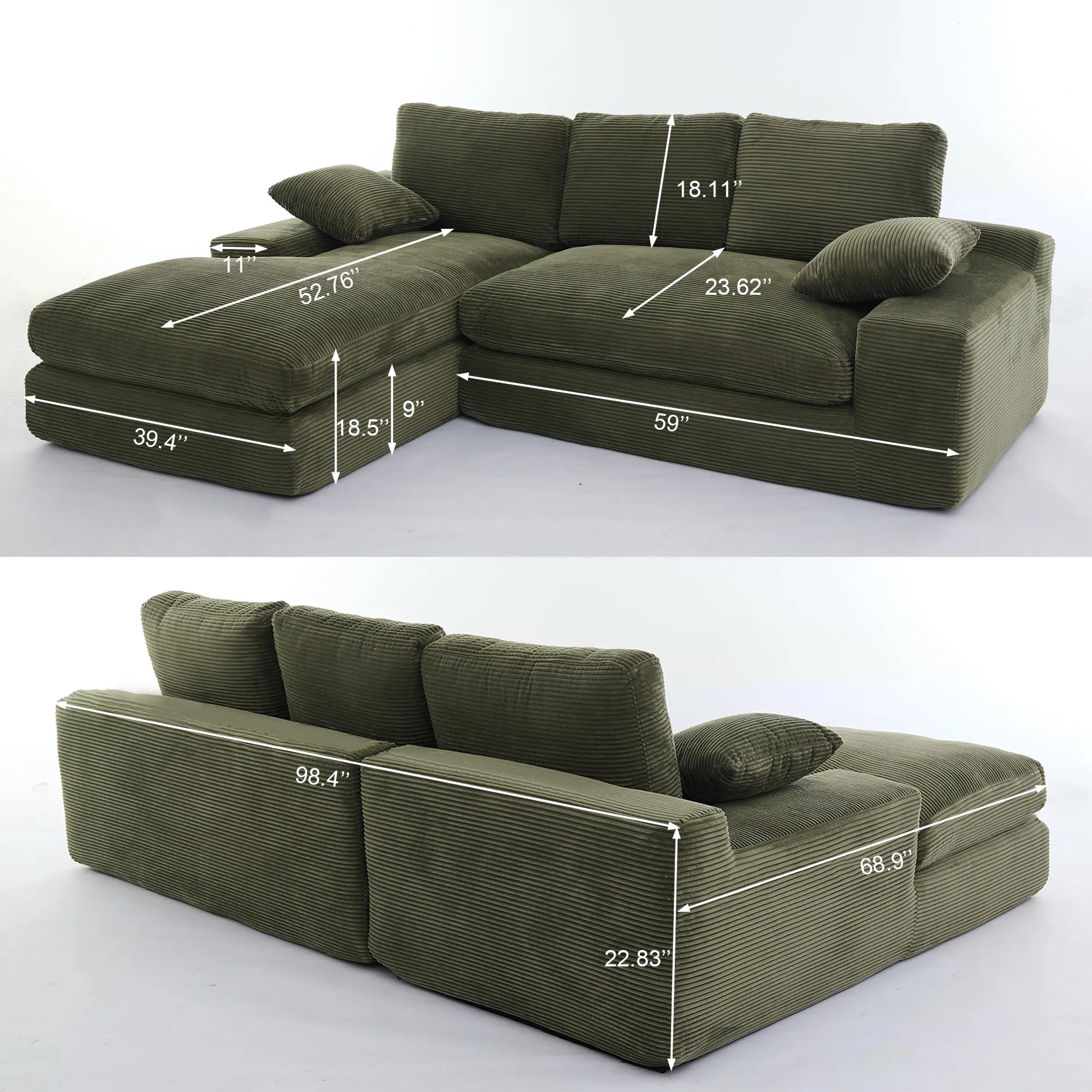 Chaise Lounge Sofa, L Shape Reversible Corduroy Couch Sectional, Green