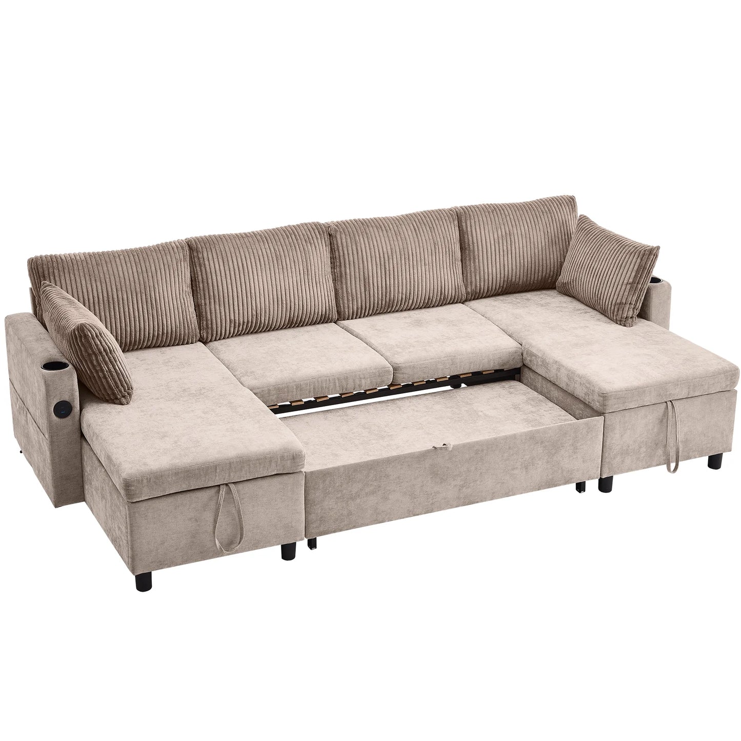 Corduroy Couch with Chaise Sleeper, Sectional Sofa Pull-Out, Brown