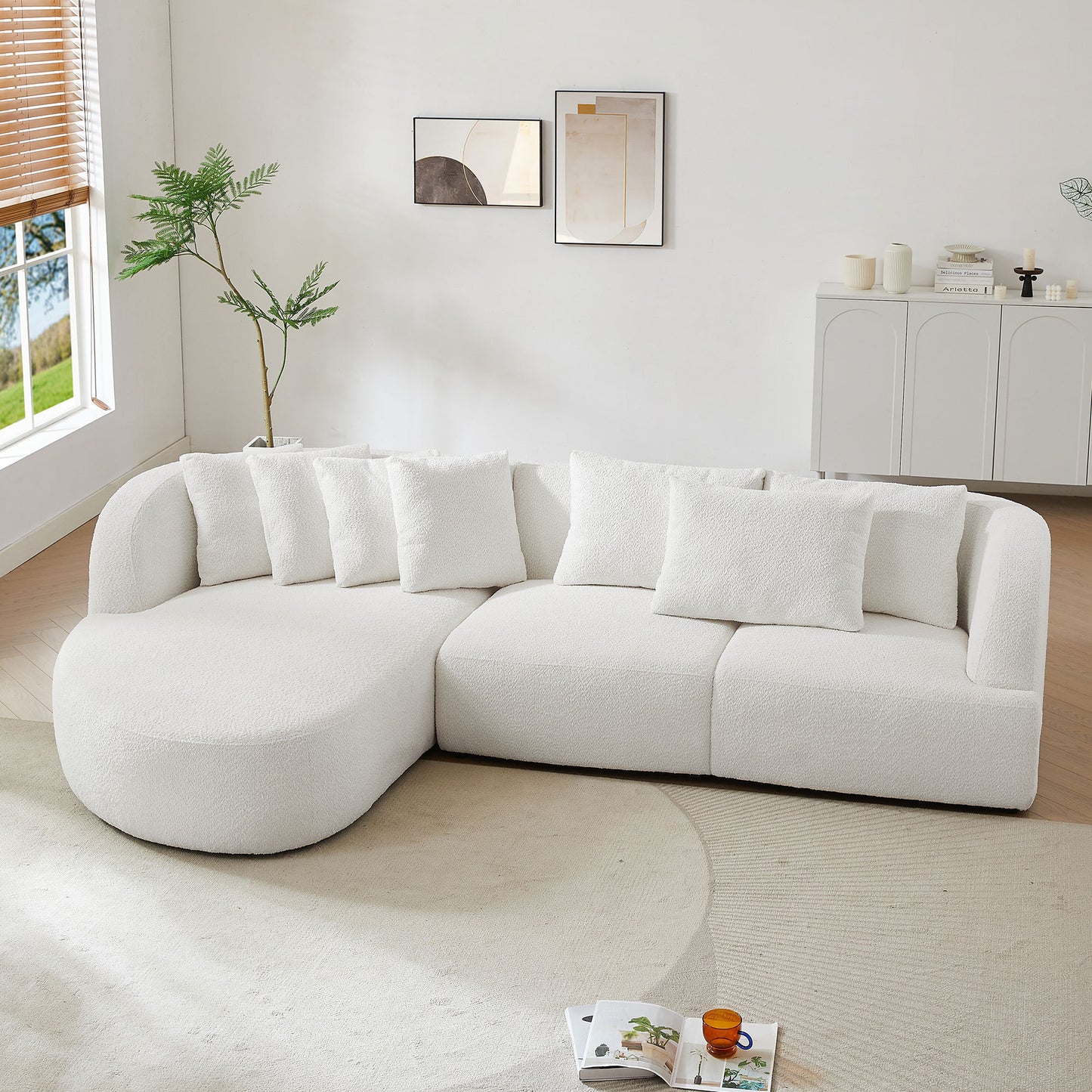 Deep Seat Couch with Chaise Lounge, Curved Corner Sectional, Beige