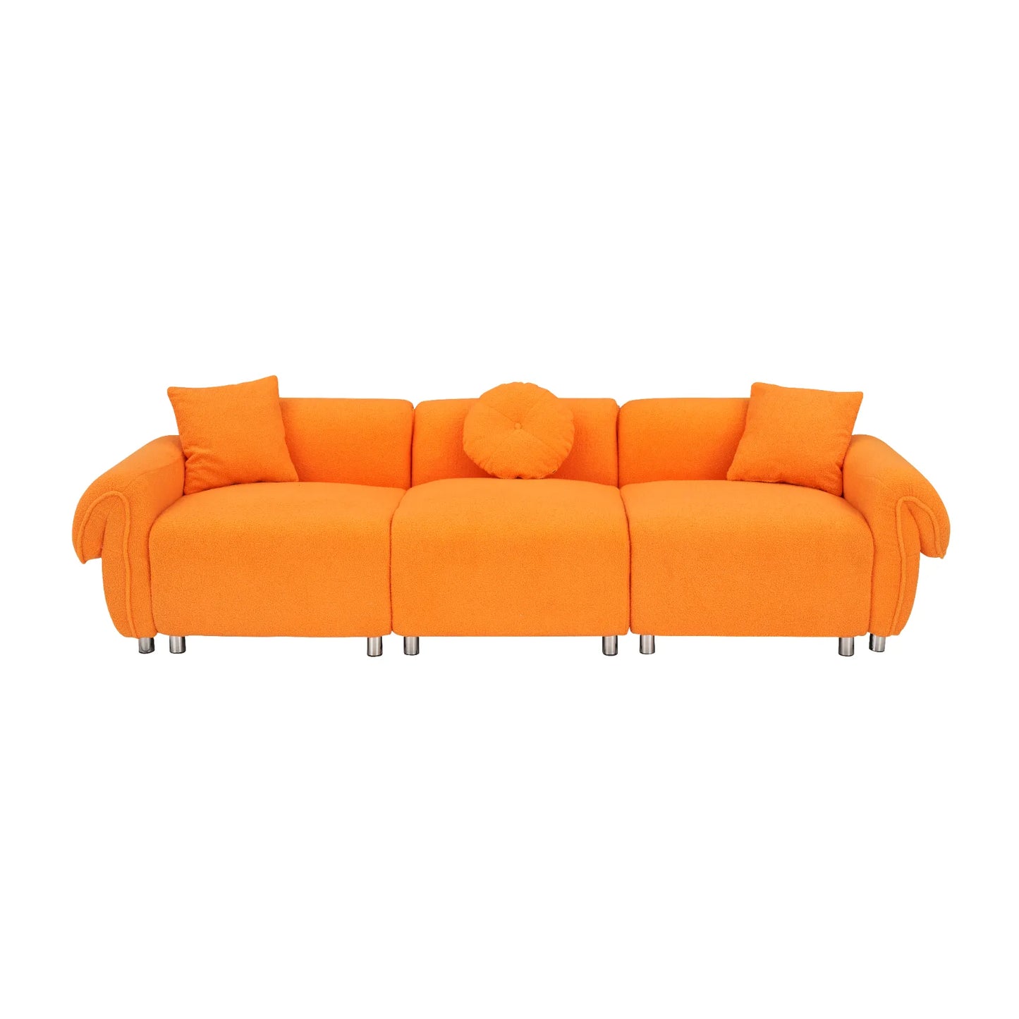 3 Seater Sofa, Plush Upholstered Teddy Velvet Couch, Orange