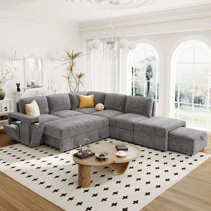 Sleeper Sectional, Sofa L Shape, Couch with Ottoman and Storage, Gray
