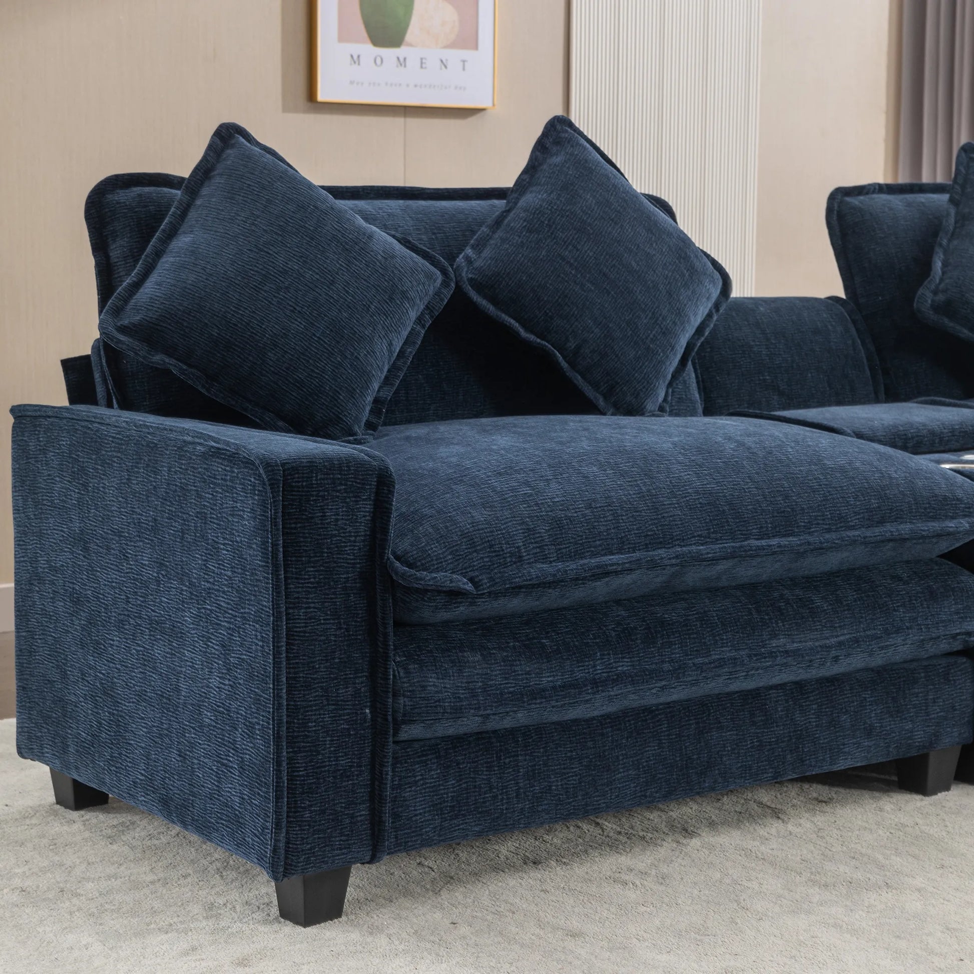 Plush Couch, Deep Seat Couch with Ottomans, Blue