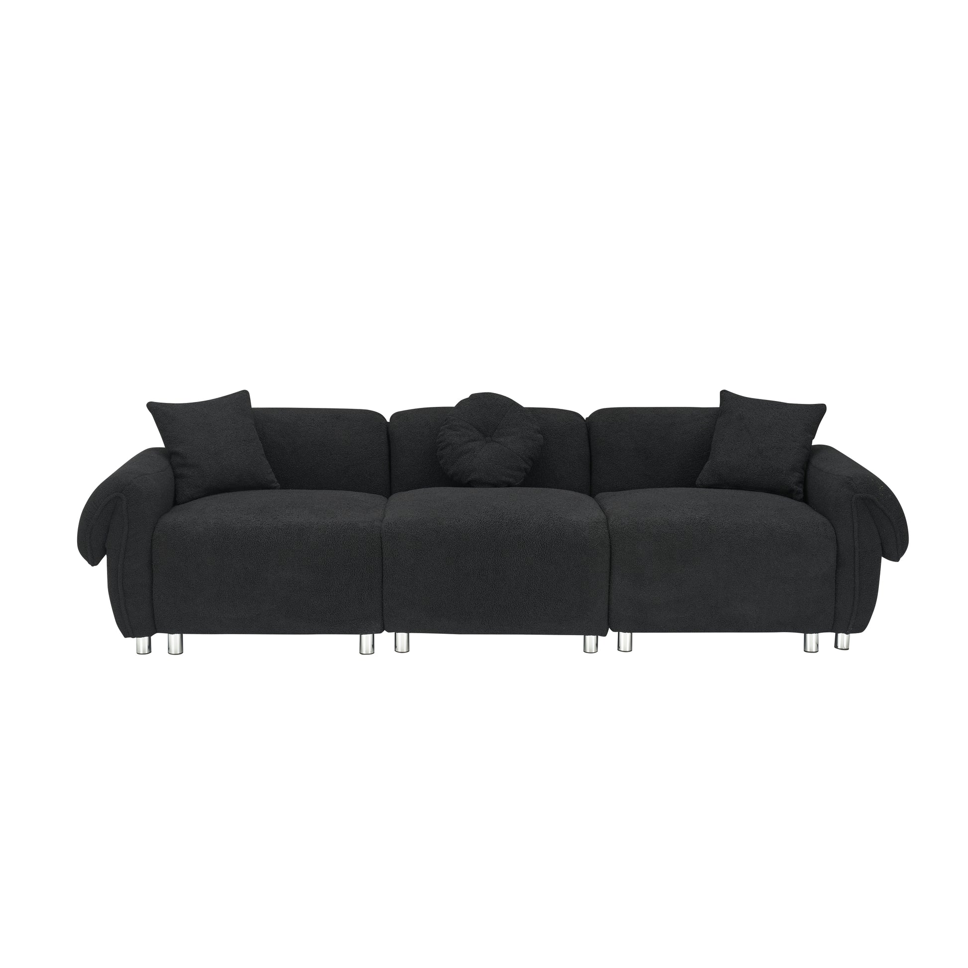 3 Seater Sofa, Plush Upholstered Teddy Velvet Couch, Black