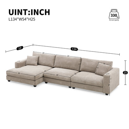 Deep Seat Corduroy Sofa, Large Sectional Couch with Chaise, Khaki