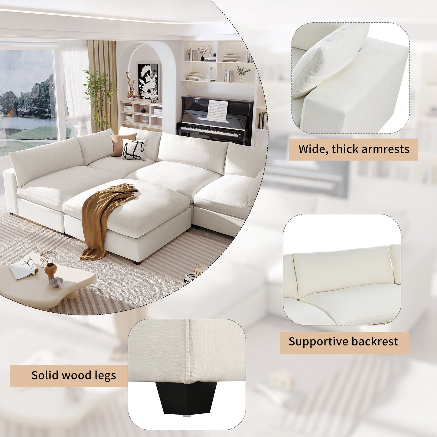 Cloud Couch Sectional, Large Modular Sofa with Ottoman, Beige