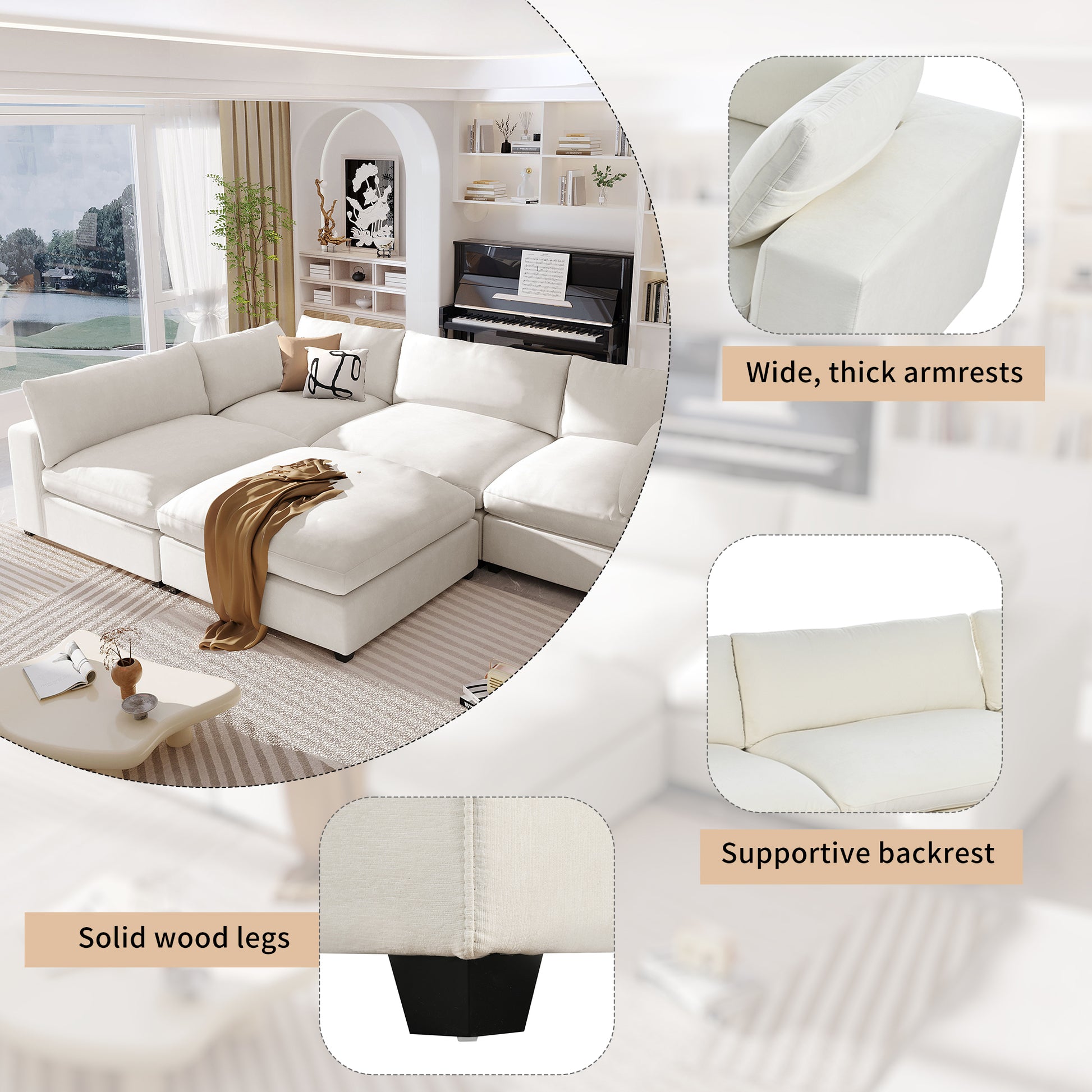 Cloud Couch Sectional, Large Modular Sofa with Ottoman, Beige