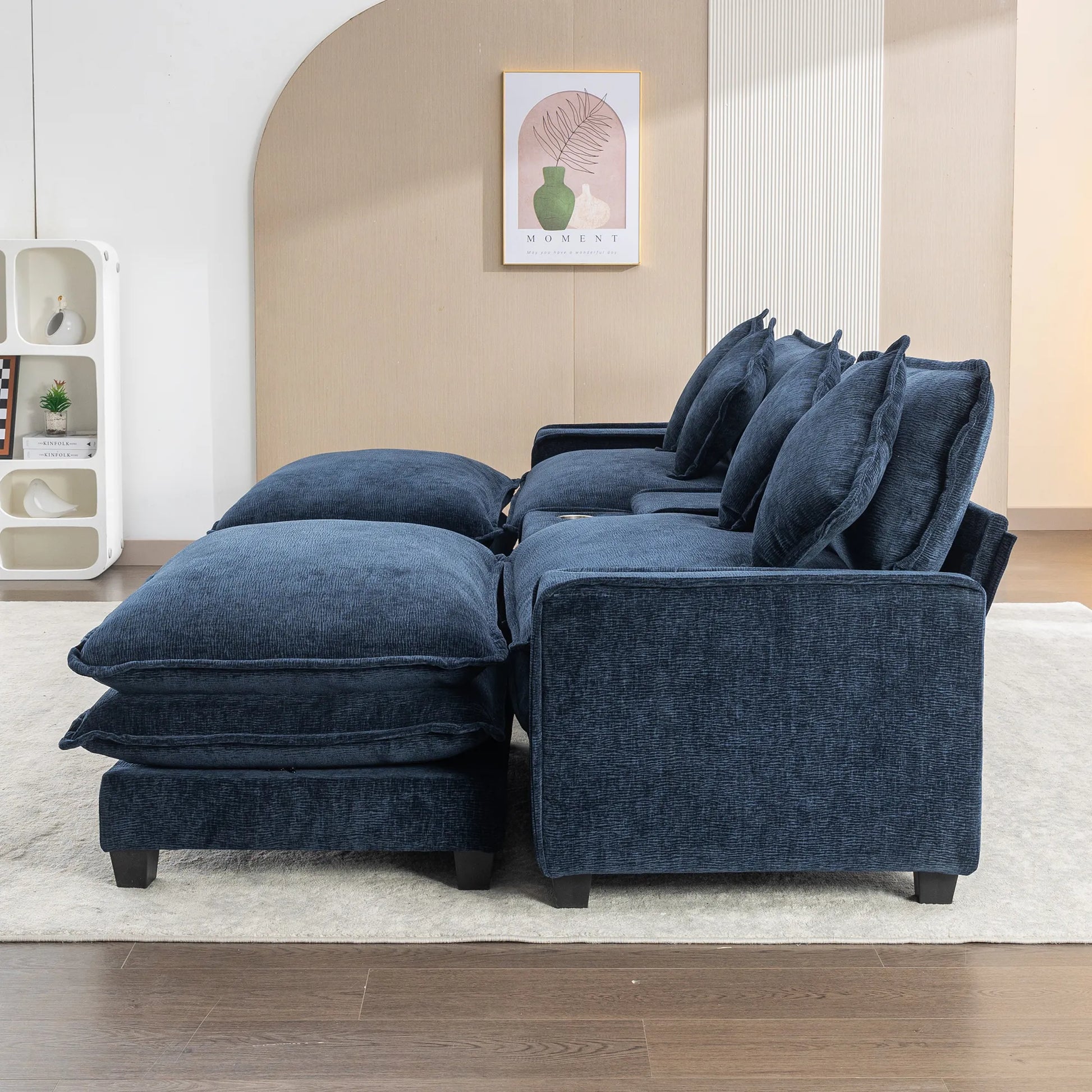 Plush Couch, Deep Seat Couch with Ottomans, Blue