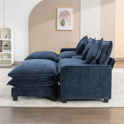 Plush Couch, Deep Seat Couch with Ottomans, Blue
