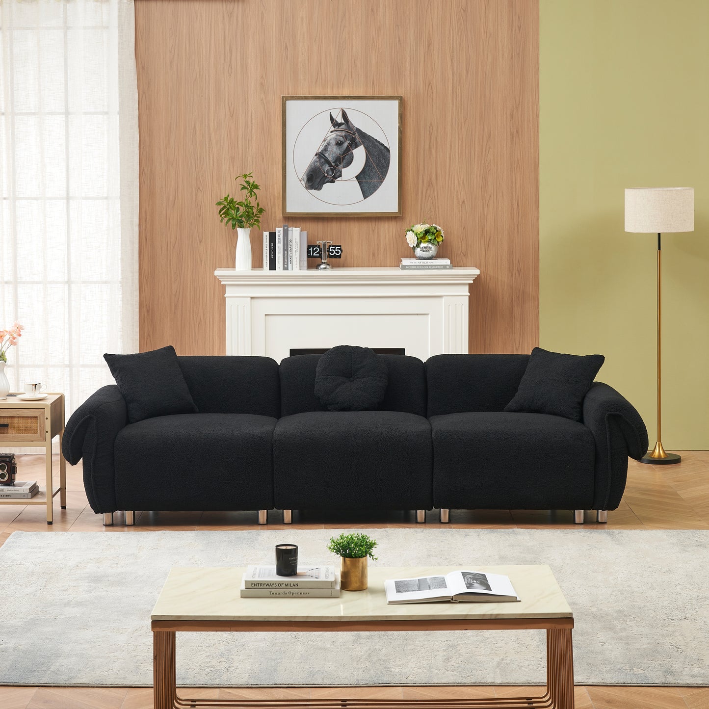 3 Seater Sofa, Plush Upholstered Teddy Velvet Couch, Black