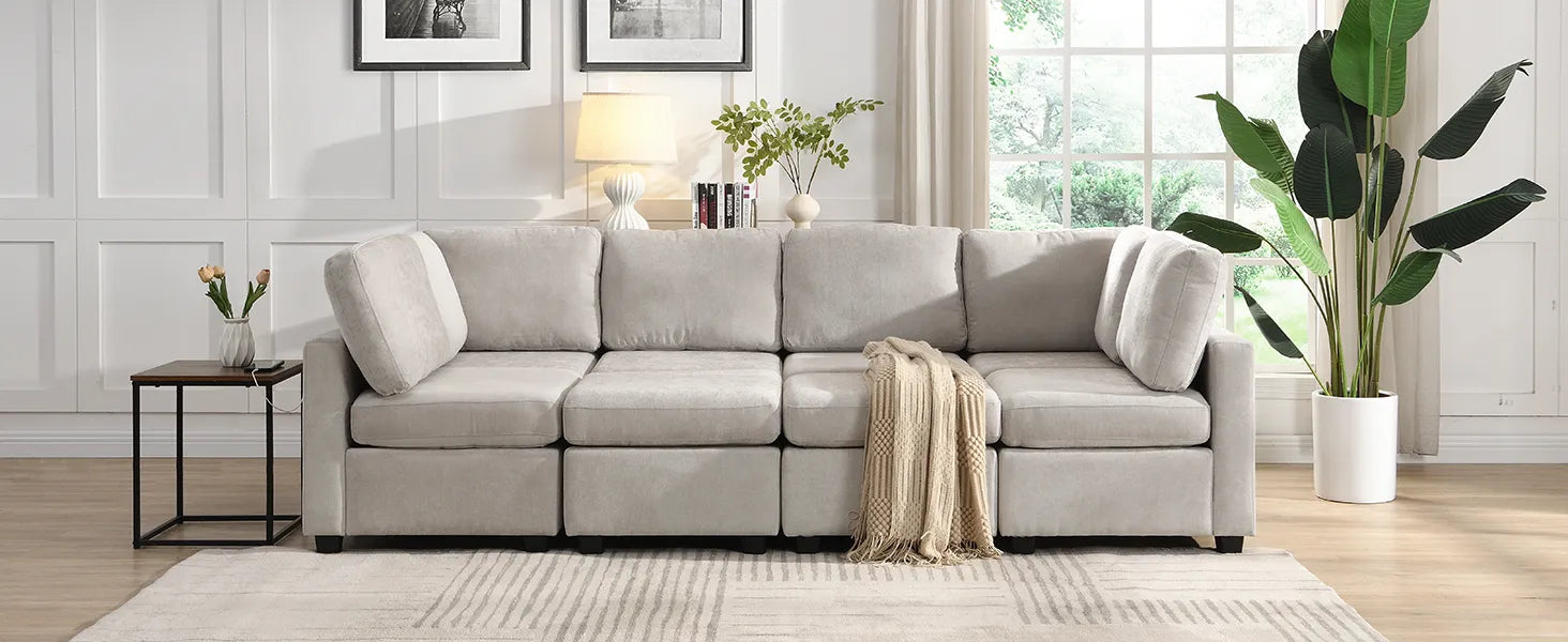 U Shaped Couch, Chenille Sectional Sofa with Ottoman, Grey
