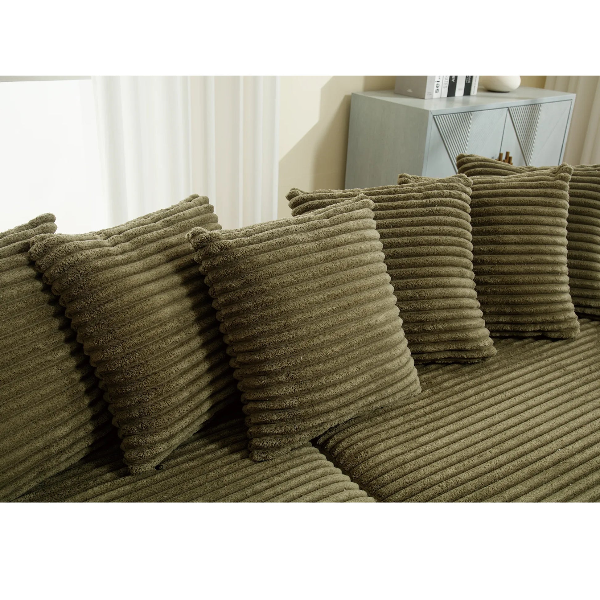 L Shaped Corduroy Couch, Plush Chaise Lounge Sofa, Green
