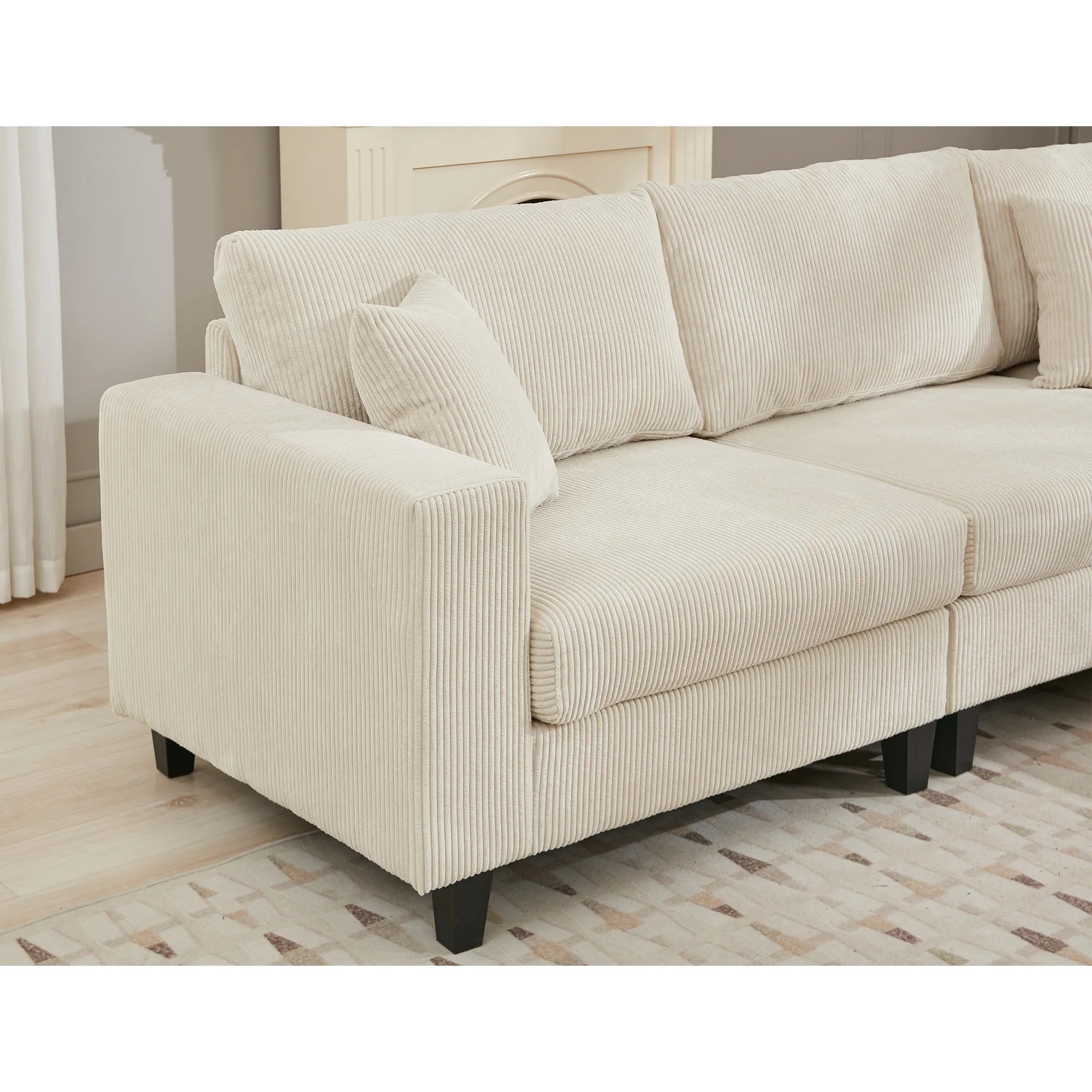 Modular Sectional Sofa, Deep Seat Corduroy Couch, Beige