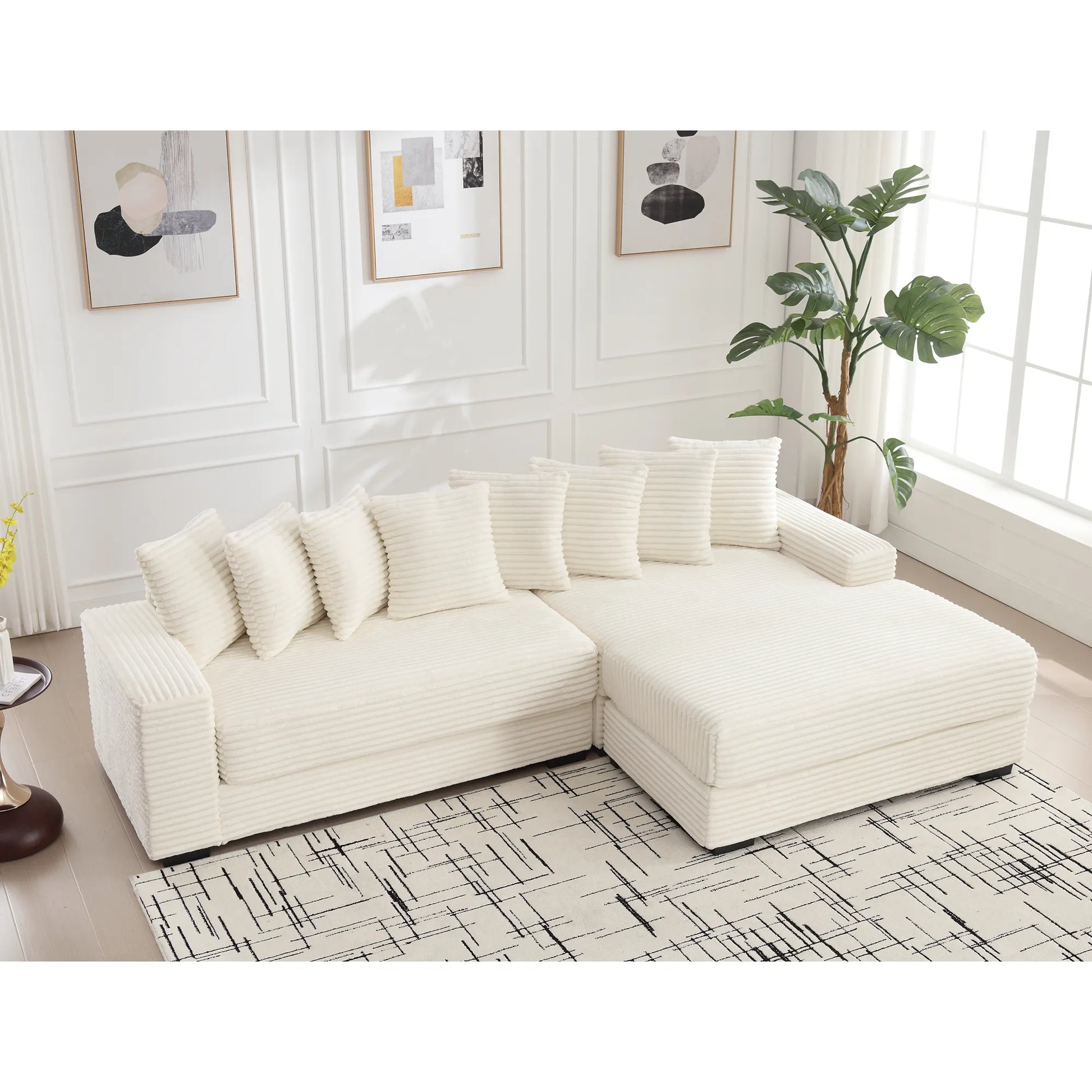 L Shaped Corduroy Couch, Plush Chaise Lounge Sofa, Beige
