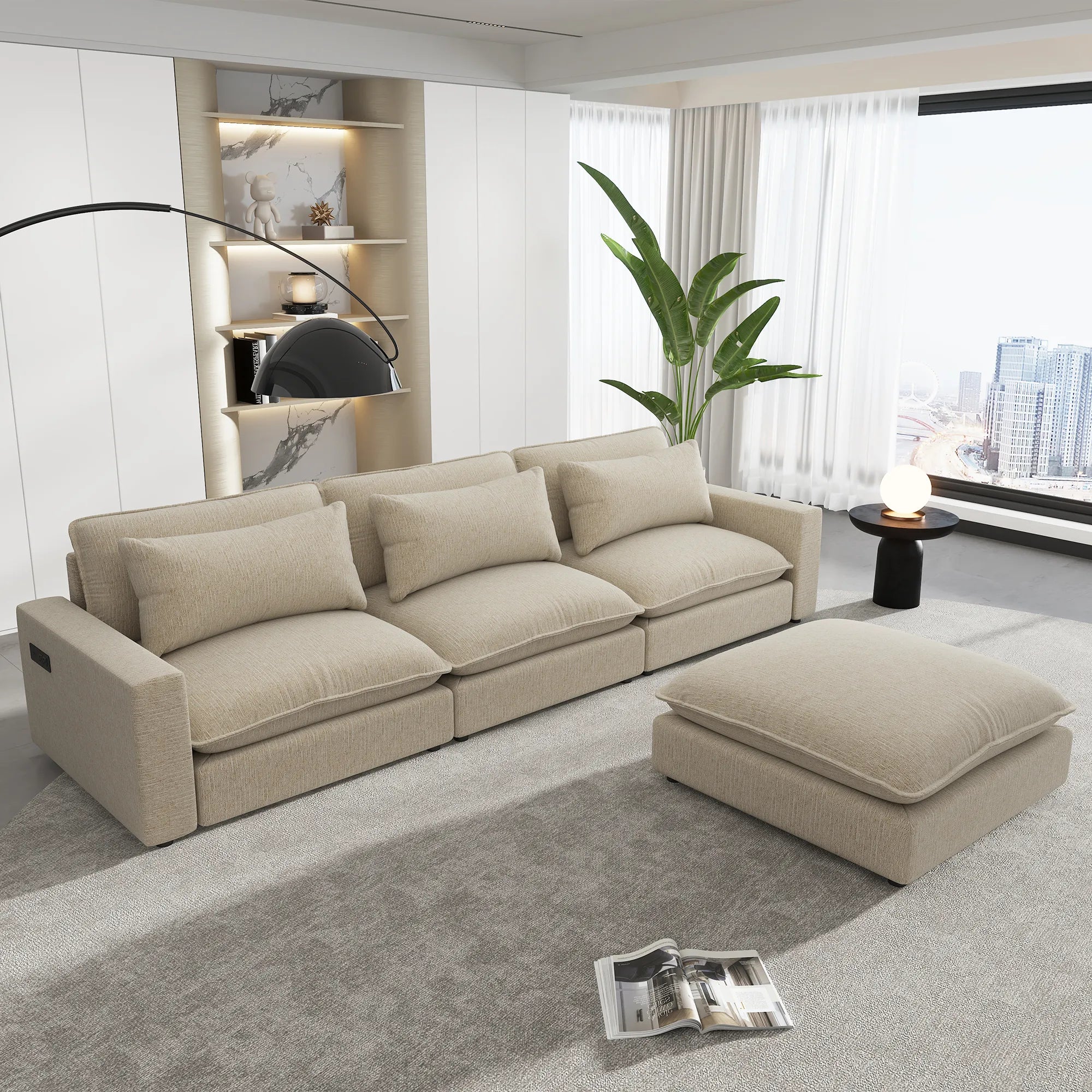 Comfy Sectional Cloud Sofa, Deep Seat Couch with Ottoman, Beige