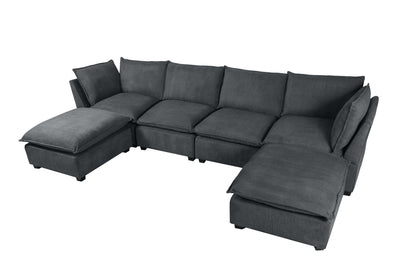 Large Cloud Sectional Sofa, Linen U Shaped Couch with Ottomans, Gray