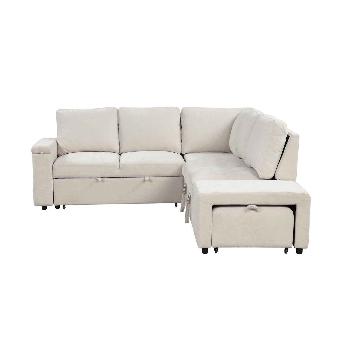 Sleeper Sectional, Sofa L Shape, Couch with Ottoman and Storage, Beige
