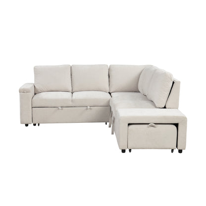 Sleeper Sectional, Sofa L Shape, Couch with Ottoman and Storage, Beige