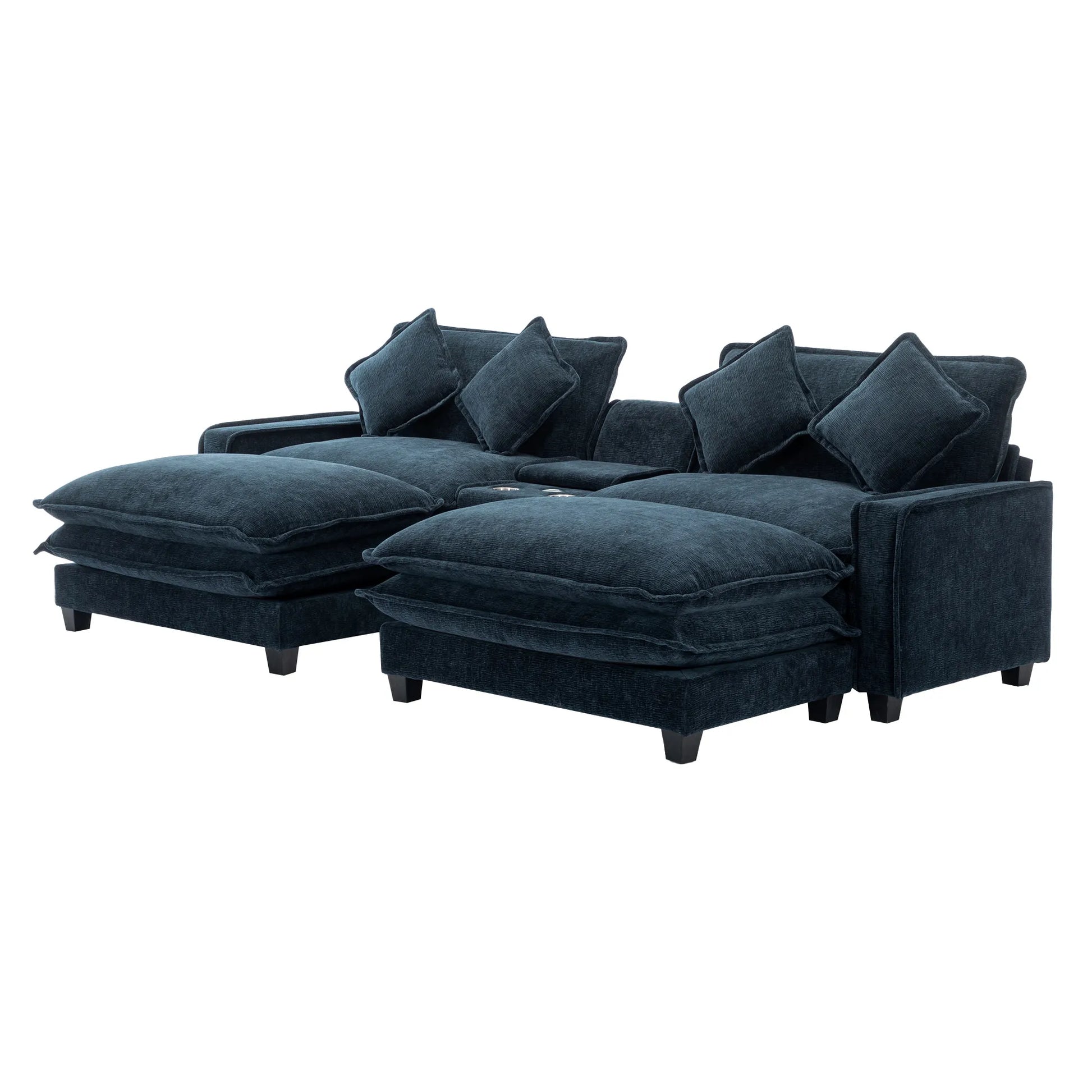 Plush Couch, Deep Seat Couch with Ottomans, Blue