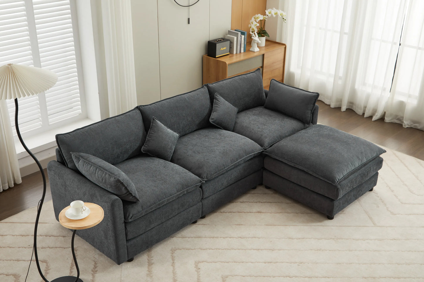 3 Seater Sofa, L Shaped Couch with Ottoman, Beige/Gray/Green