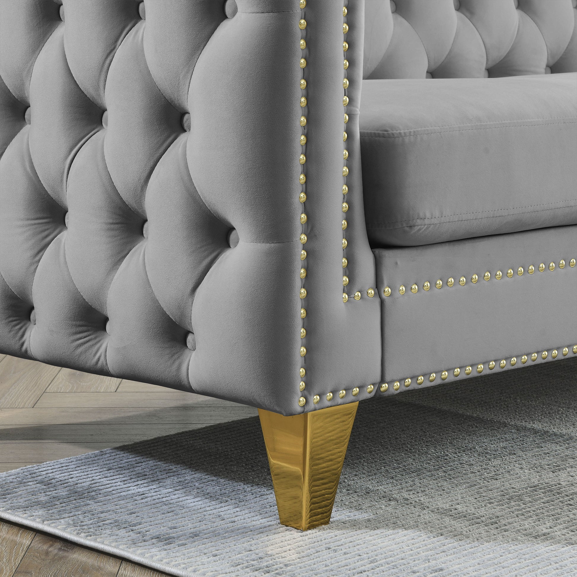 Chesterfield Sofa, L-Shaped Velvet Corner Couch - Gray