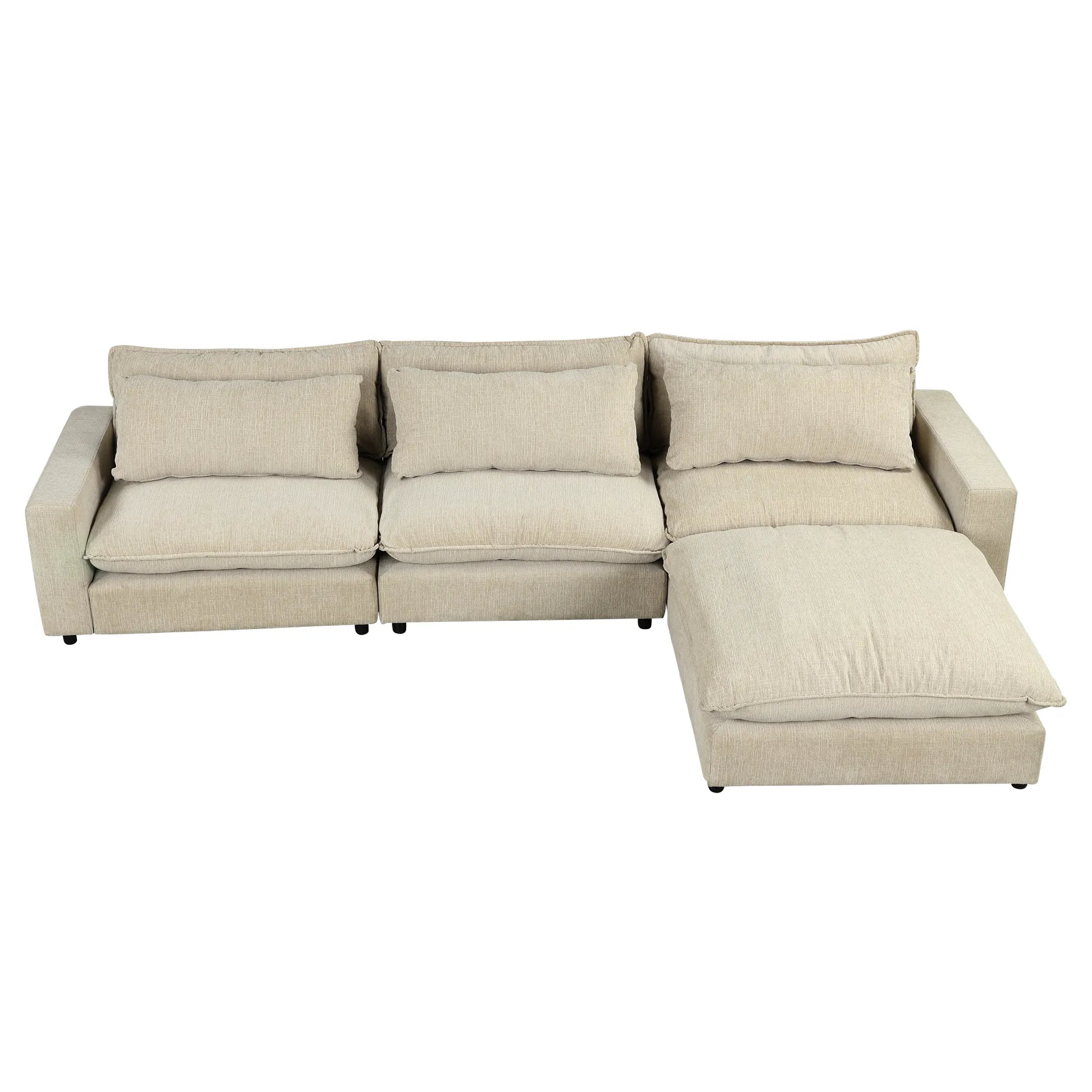 Comfy Sectional Cloud Couch, Chenille Sofa with Ottoman, Beige